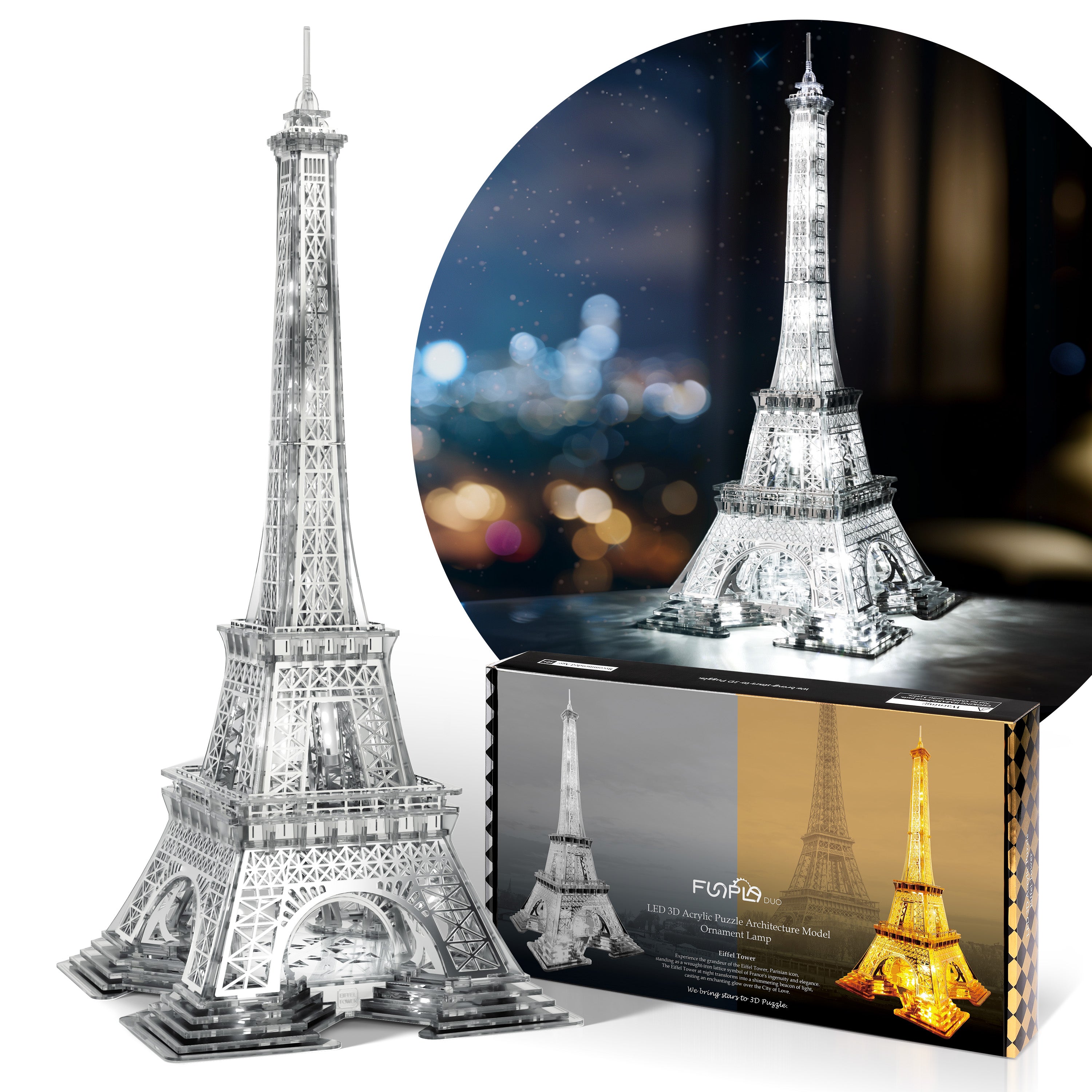 FUNPOLA 3D Puzzle Eiffel Tower Building Model with LEDs - Large, Sliver