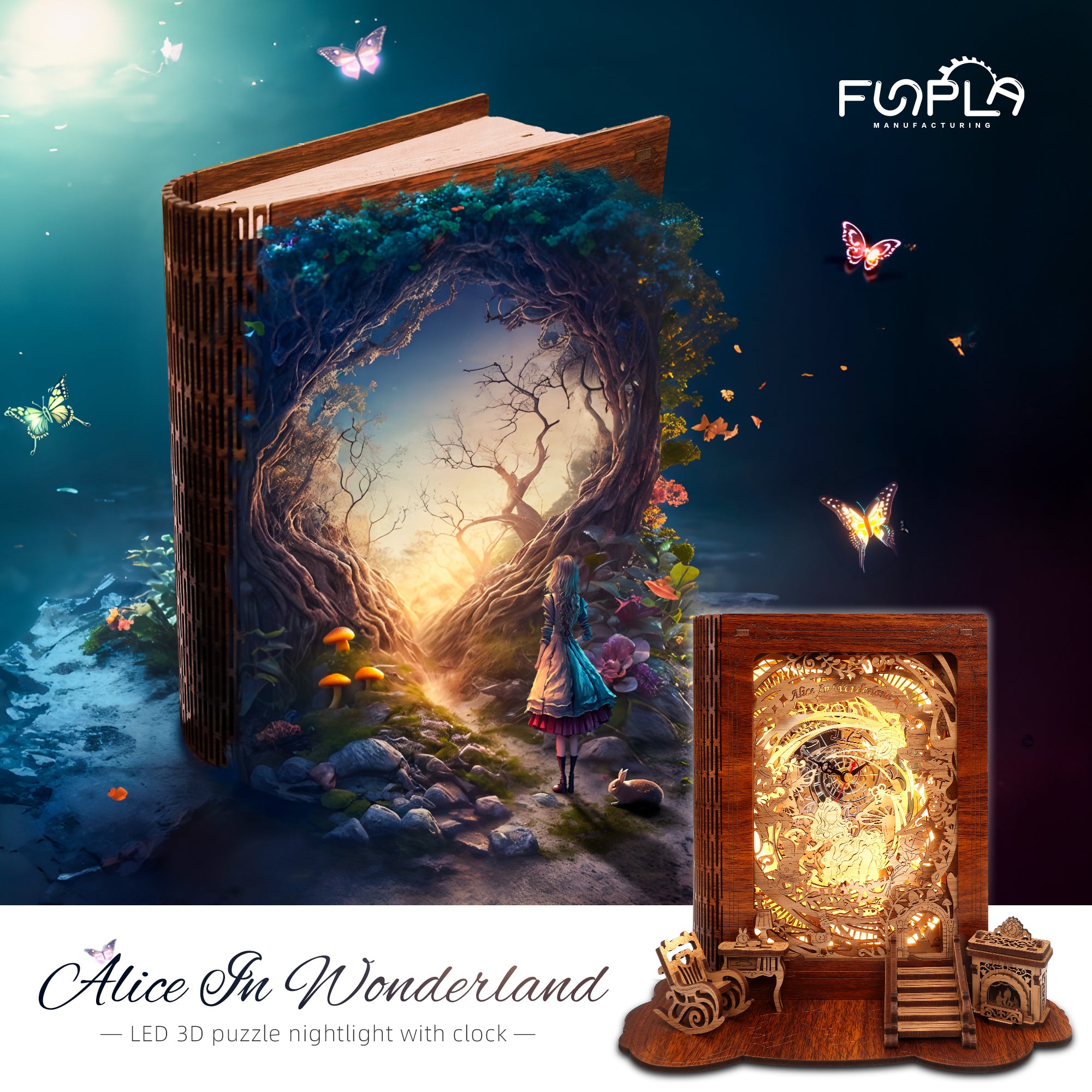 FUNPOLA 3D Wooden Puzzle Alice in Wonderland Book Lamp with Clock