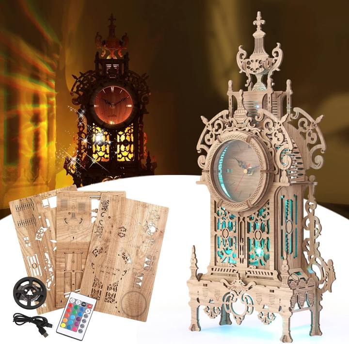 FUNPOLA 3D Wood Puzzle LED Tower Clock Model, DIY Architectural Building Blocks
