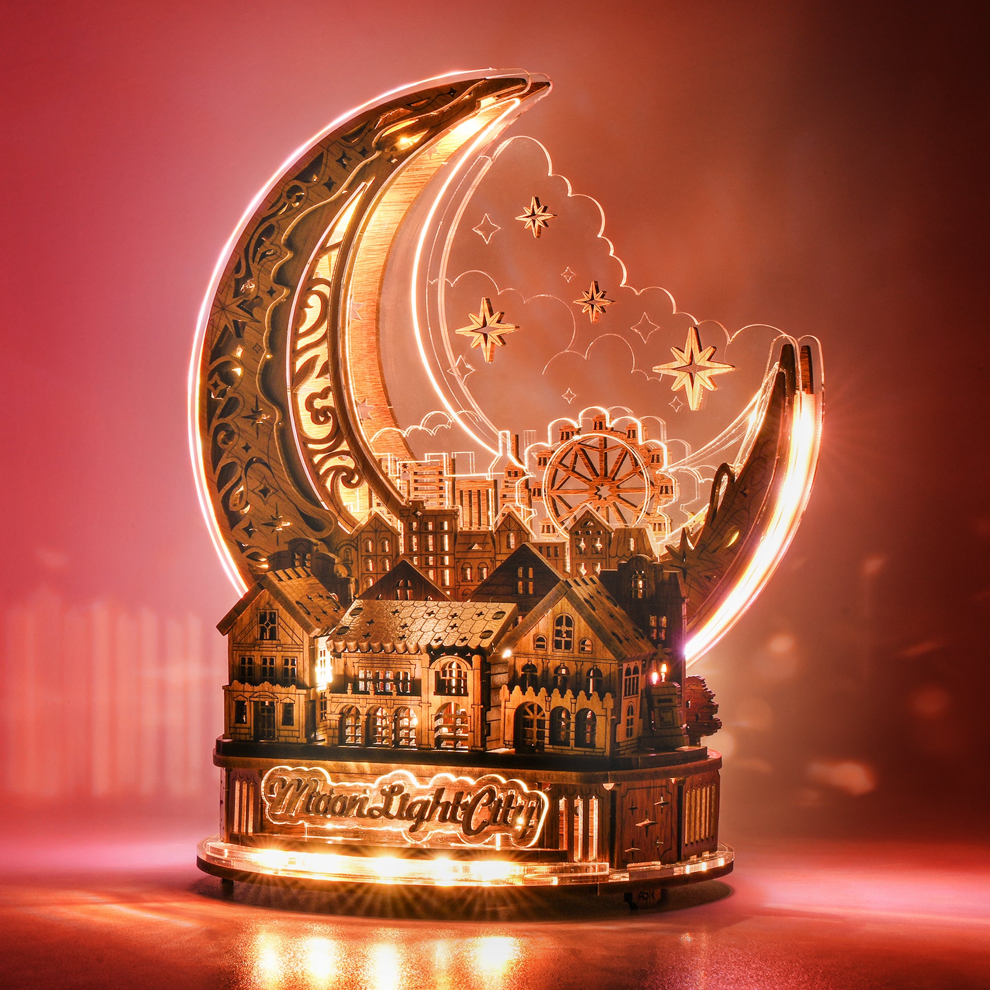 FUNPOLA 3D Wooden Puzzle Moon City Model with LEDs - Brown