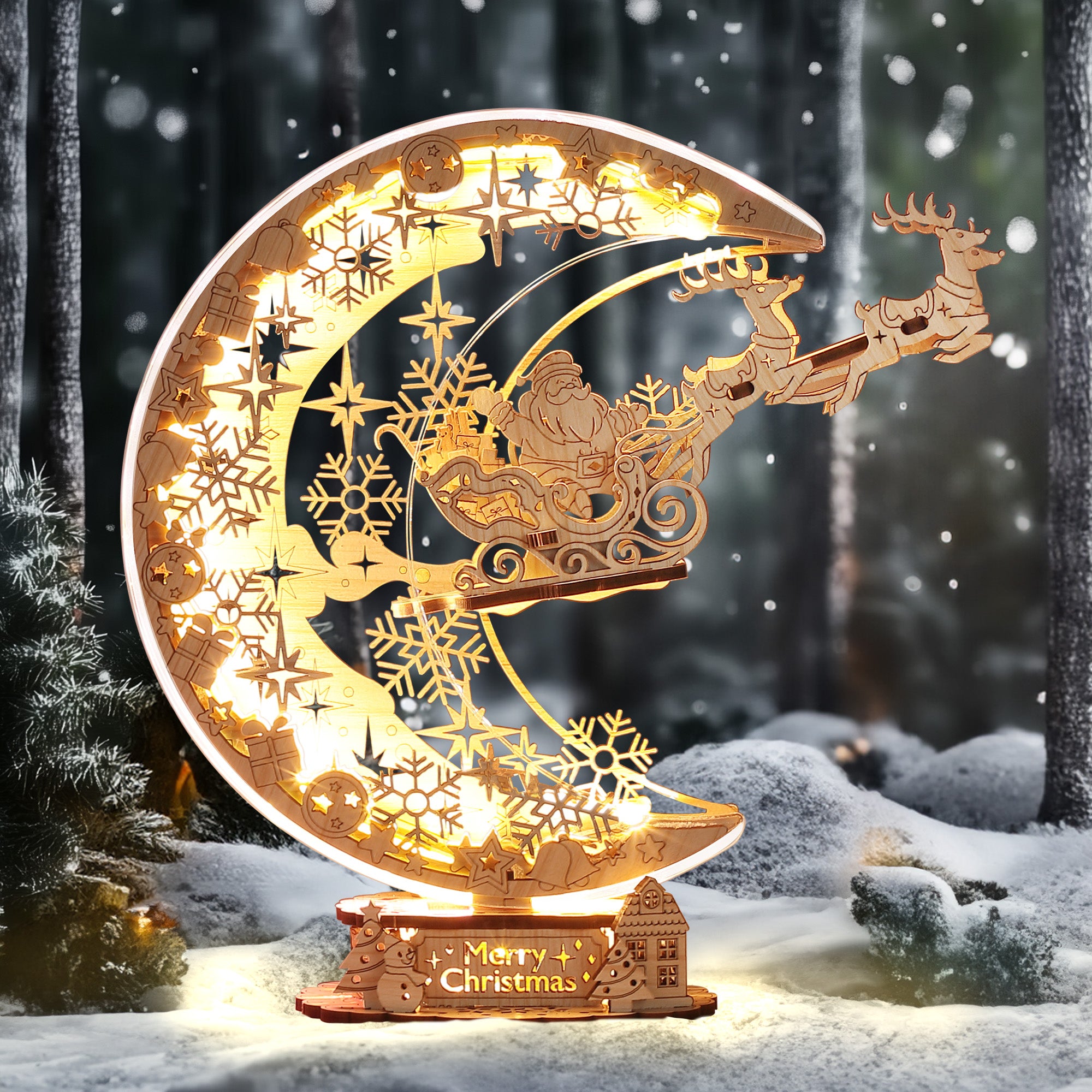FUNPOLA 3D Wooden Puzzle Christmas Night Flight Moon Lamp - White
