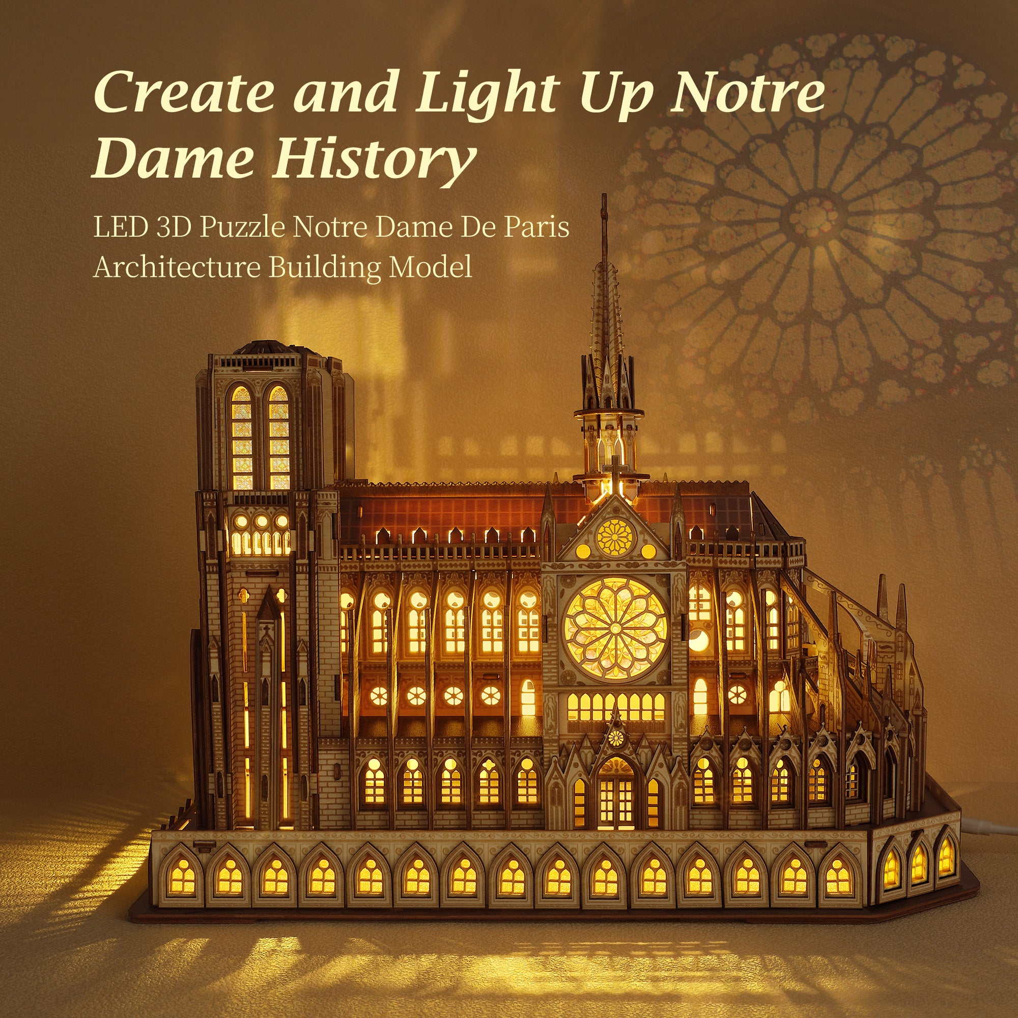 FUNPOLA 3D Wooden Puzzle Notre Dame de Paris Architecture Model with LEDs