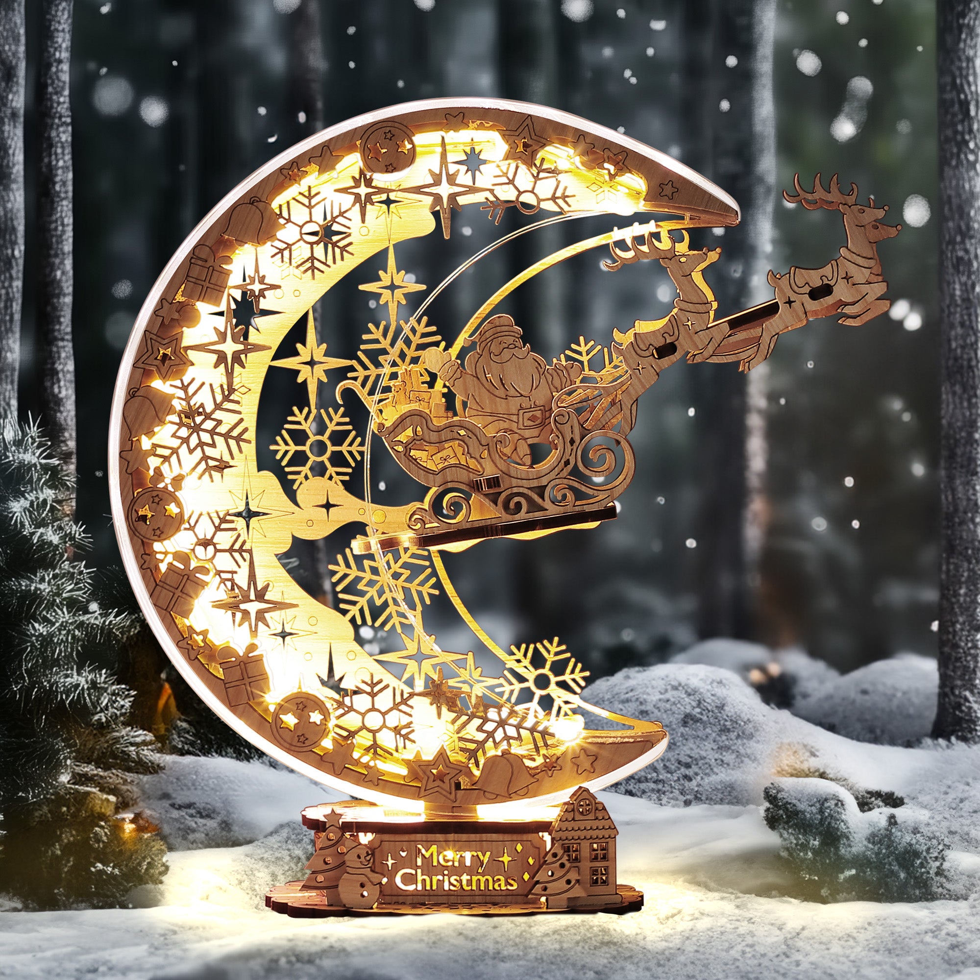 FUNPOLA 3D Wooden Puzzle Christmas Night Flight Moon Lamp - Brown