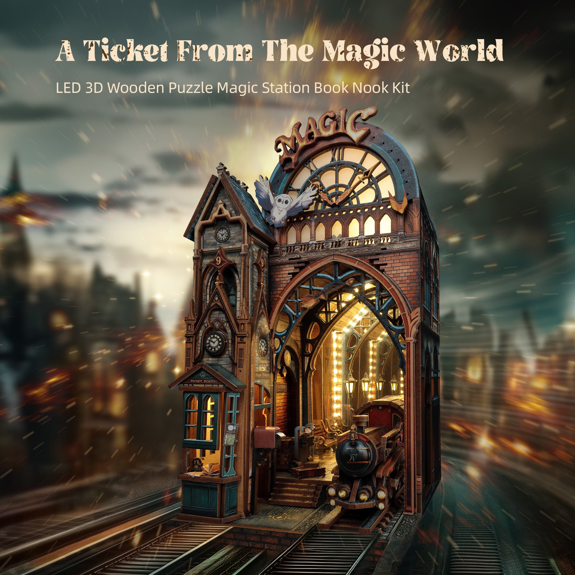 FUNPOLA 3D Wooden Puzzle Magic Station Book Nook Kit with LEDs