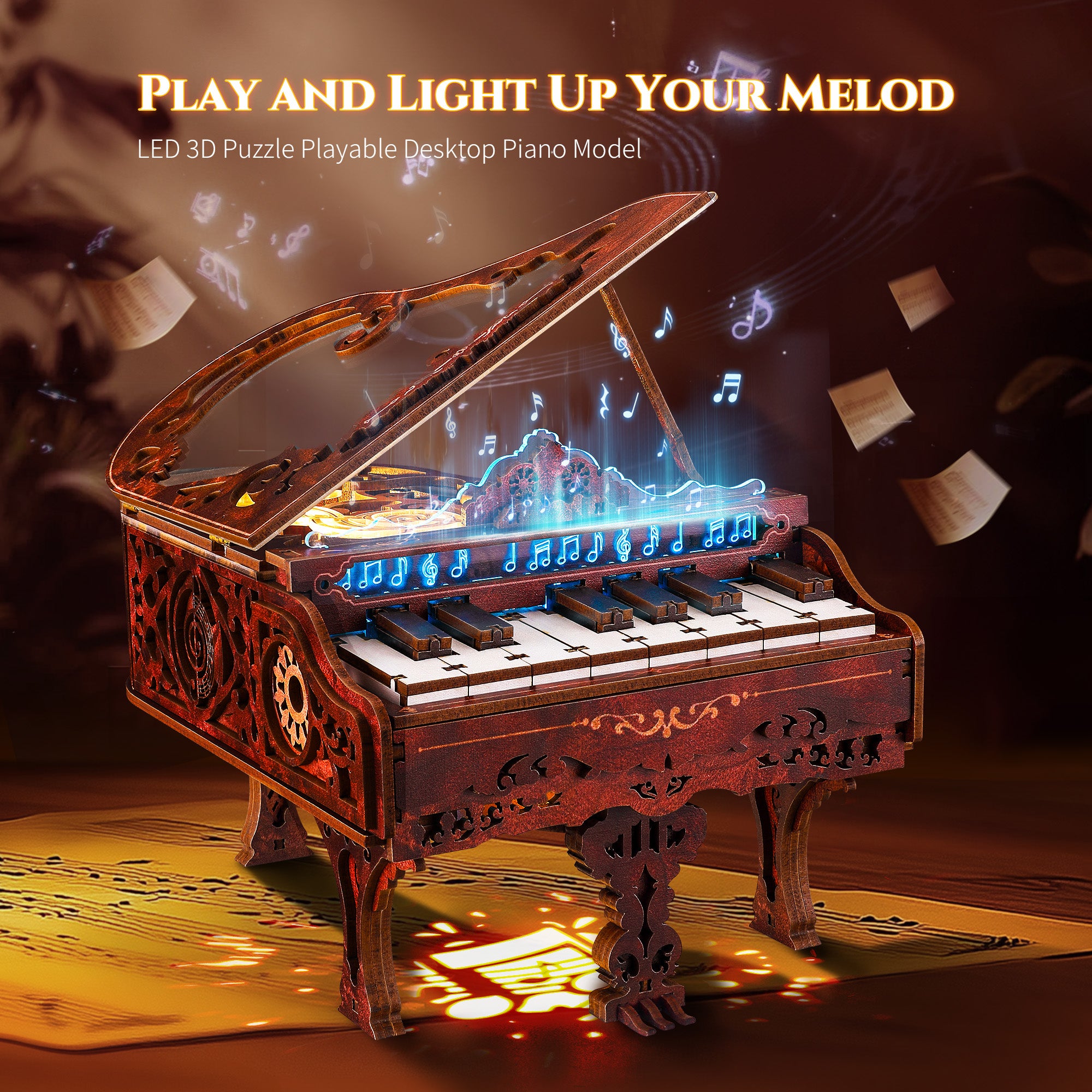 FUNPOLA 3D Wooden Puzzle Piano Kit – Playable Keyboard with LEDs