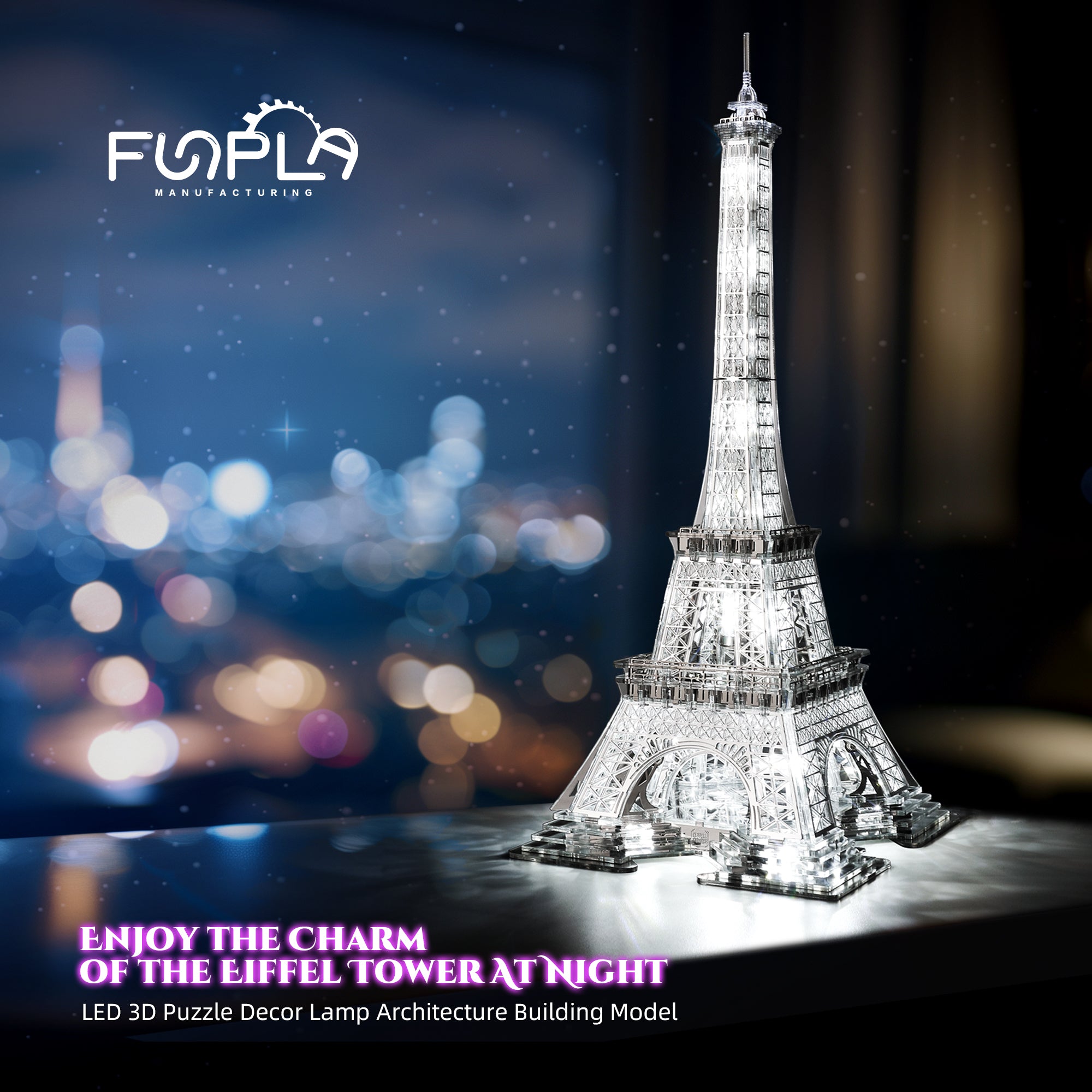 FUNPOLA 3D Puzzle Eiffel Tower Building Model with LEDs - Large, Sliver