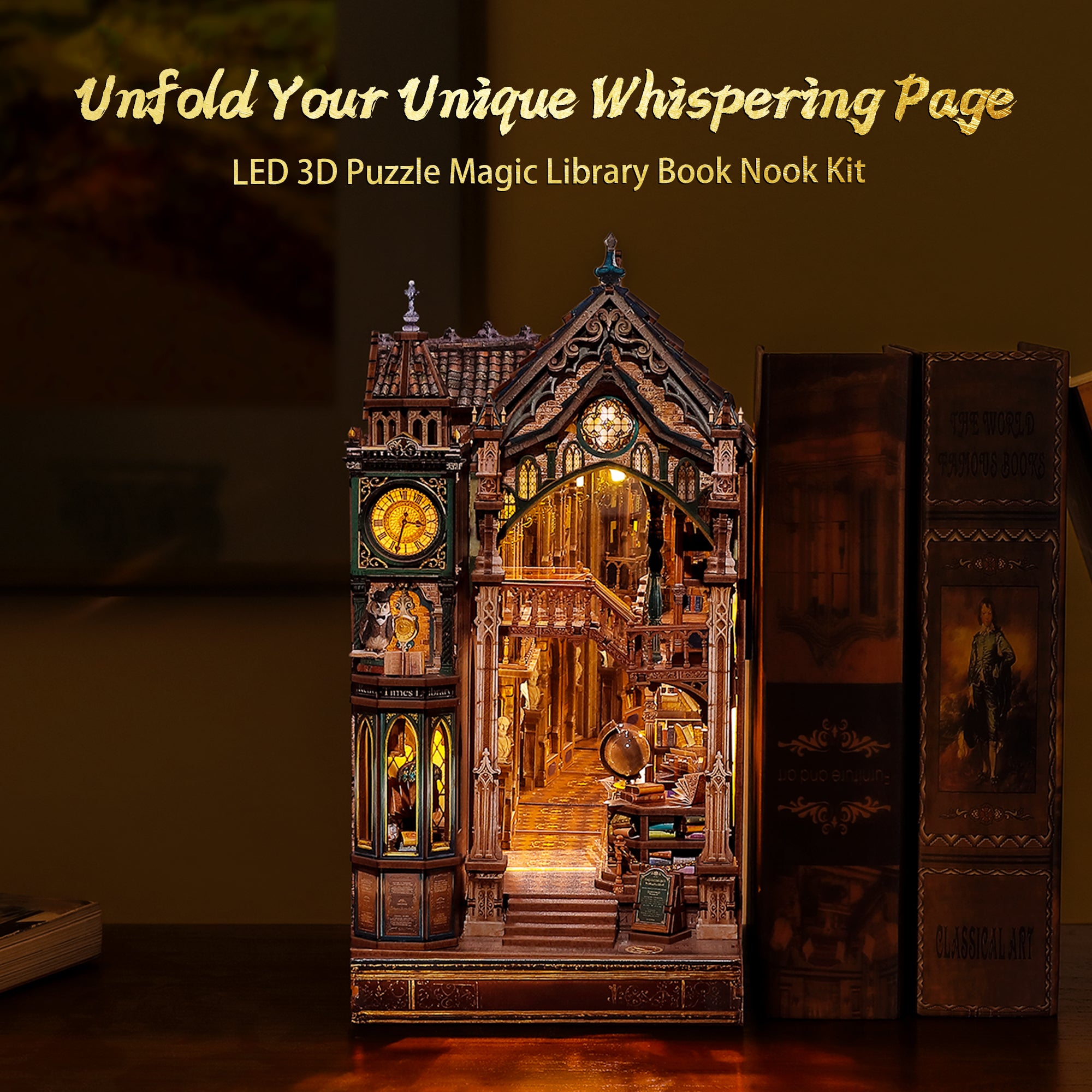 FUNPOLA 3D Wooden Puzzle Magic Library Book Nook Kit with Infinity Mirror & LEDs