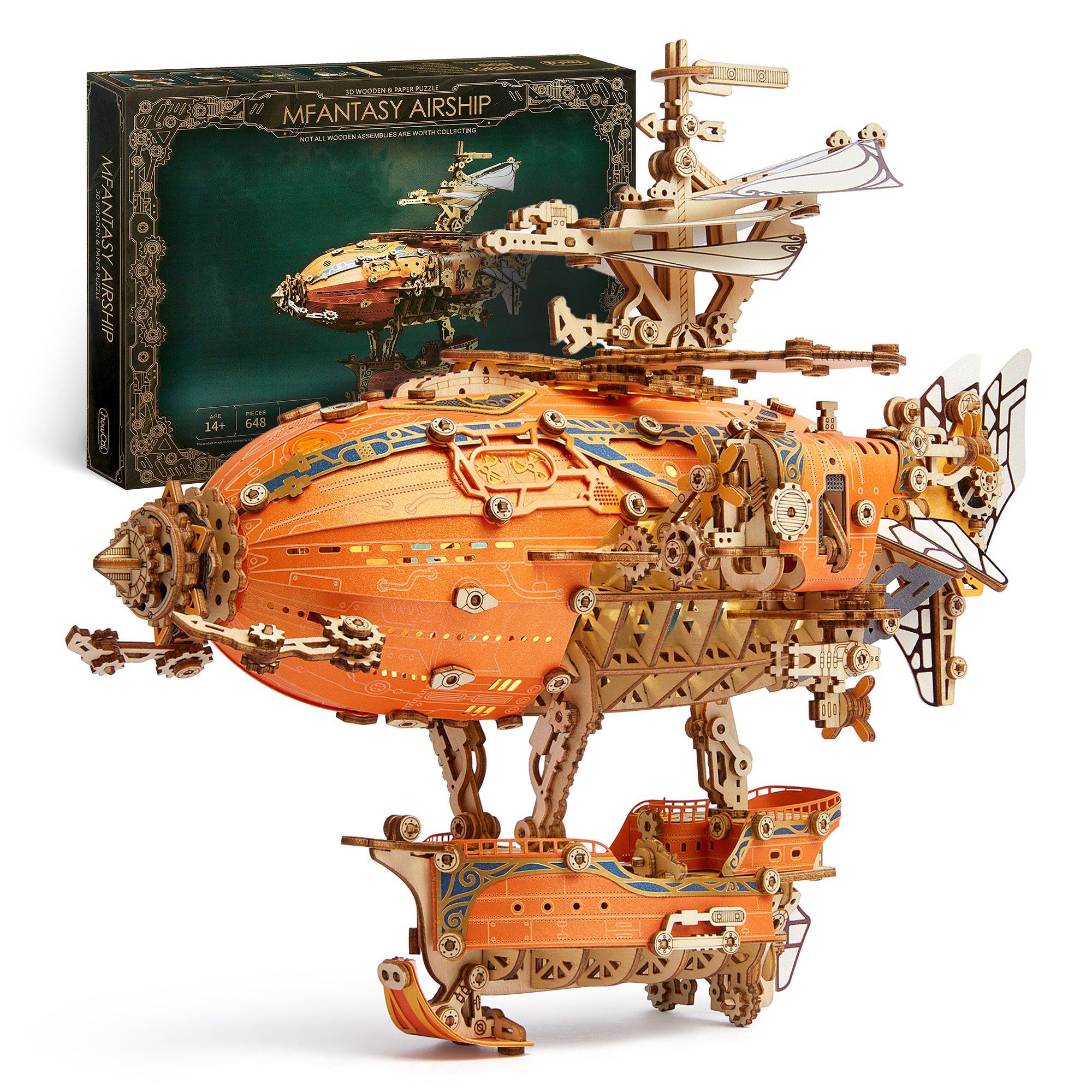 FUNPOLA LED 3D Wood Puzzle Fantasy Airship Model - Steampunk DIY Craft Kit with LED Lights – Intricate Wooden Airship Model Building Set for Teens and Adults(Orange)