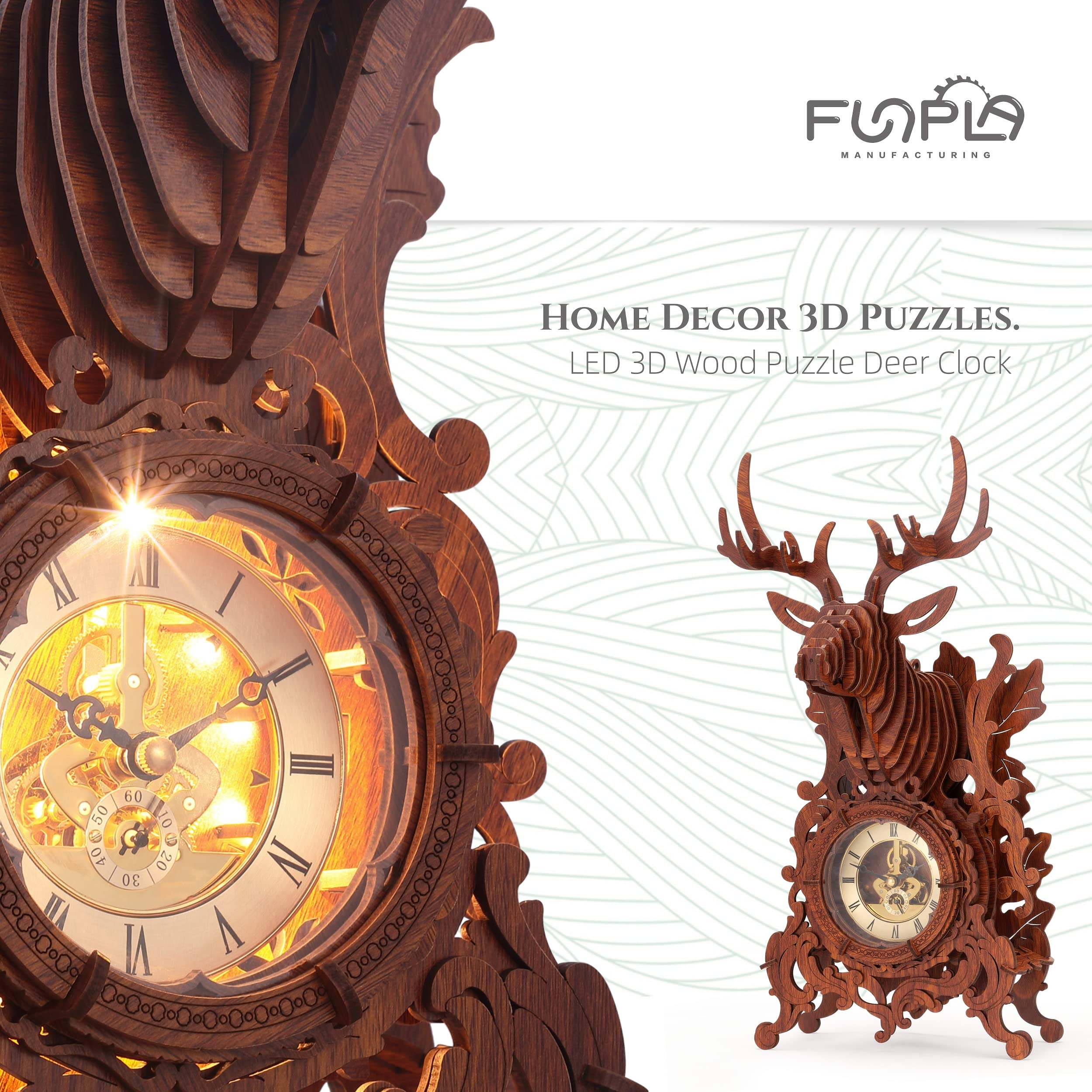 FUNPOLA 3D Wooden Puzzle Deer Clock with LEDs