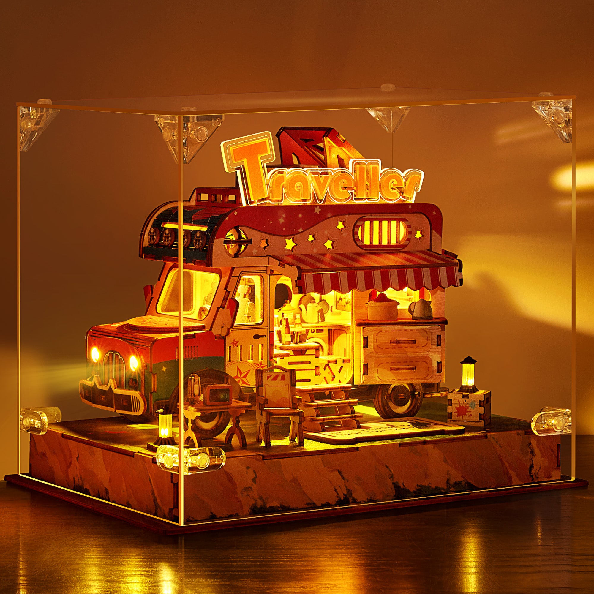 FUNPOLA 3D Wooden Puzzle Travel Truck Model with LEDs – Colorful