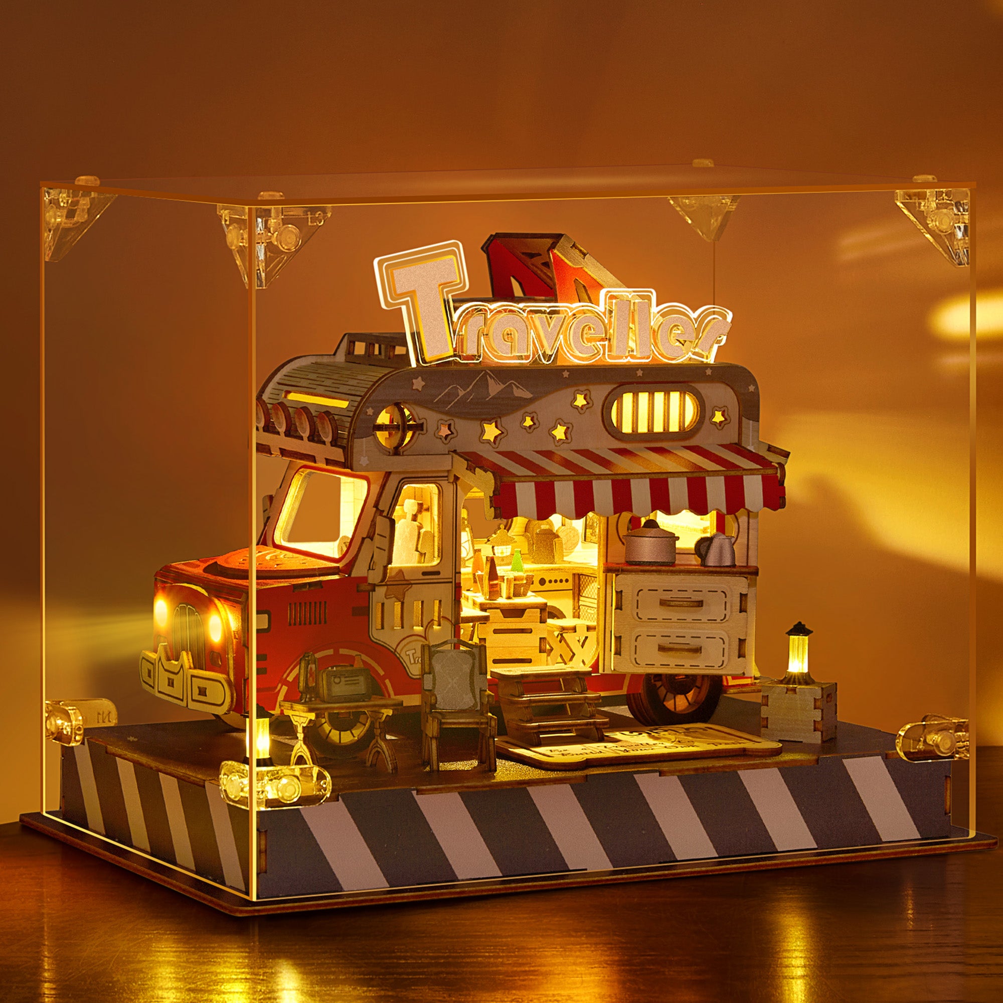 FUNPOLA 3D Wooden Puzzle Travel Truck Model with LEDs