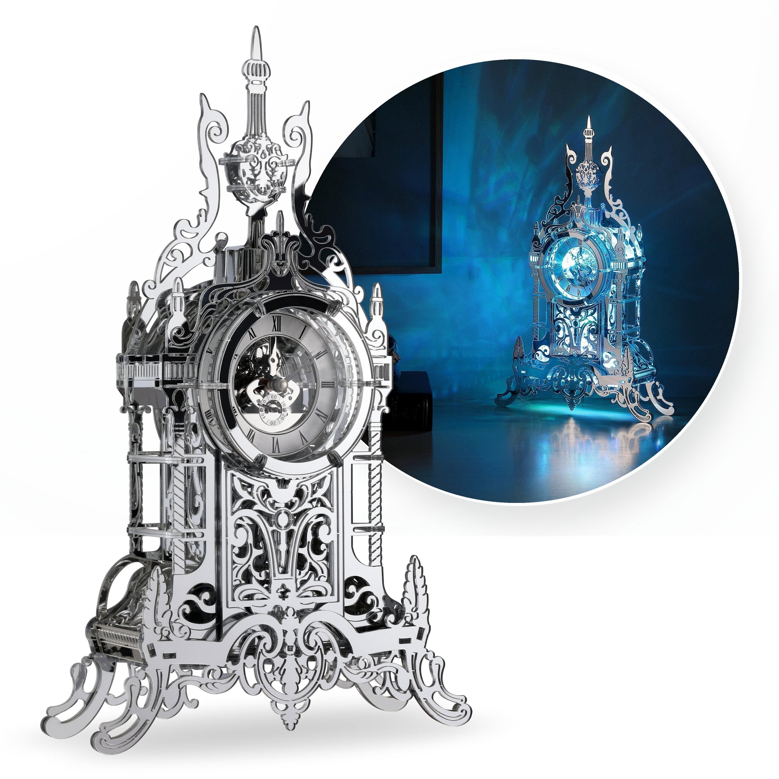 FUNPOLA 3D Acrylic Puzzle Tower Clock with LEDs - Sliver