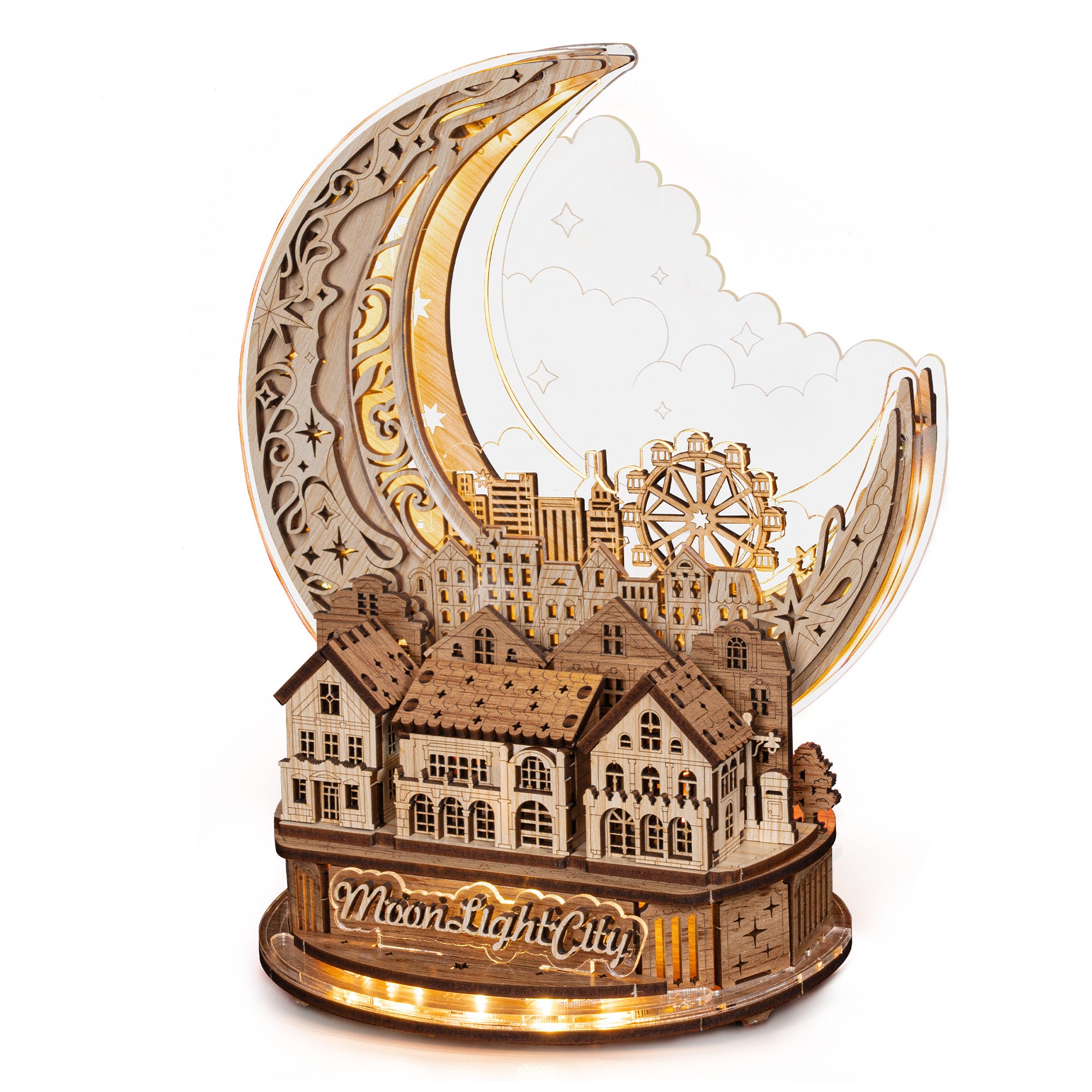 FUNPOLA 3D Wooden Puzzle Moon City Model with LEDs - White