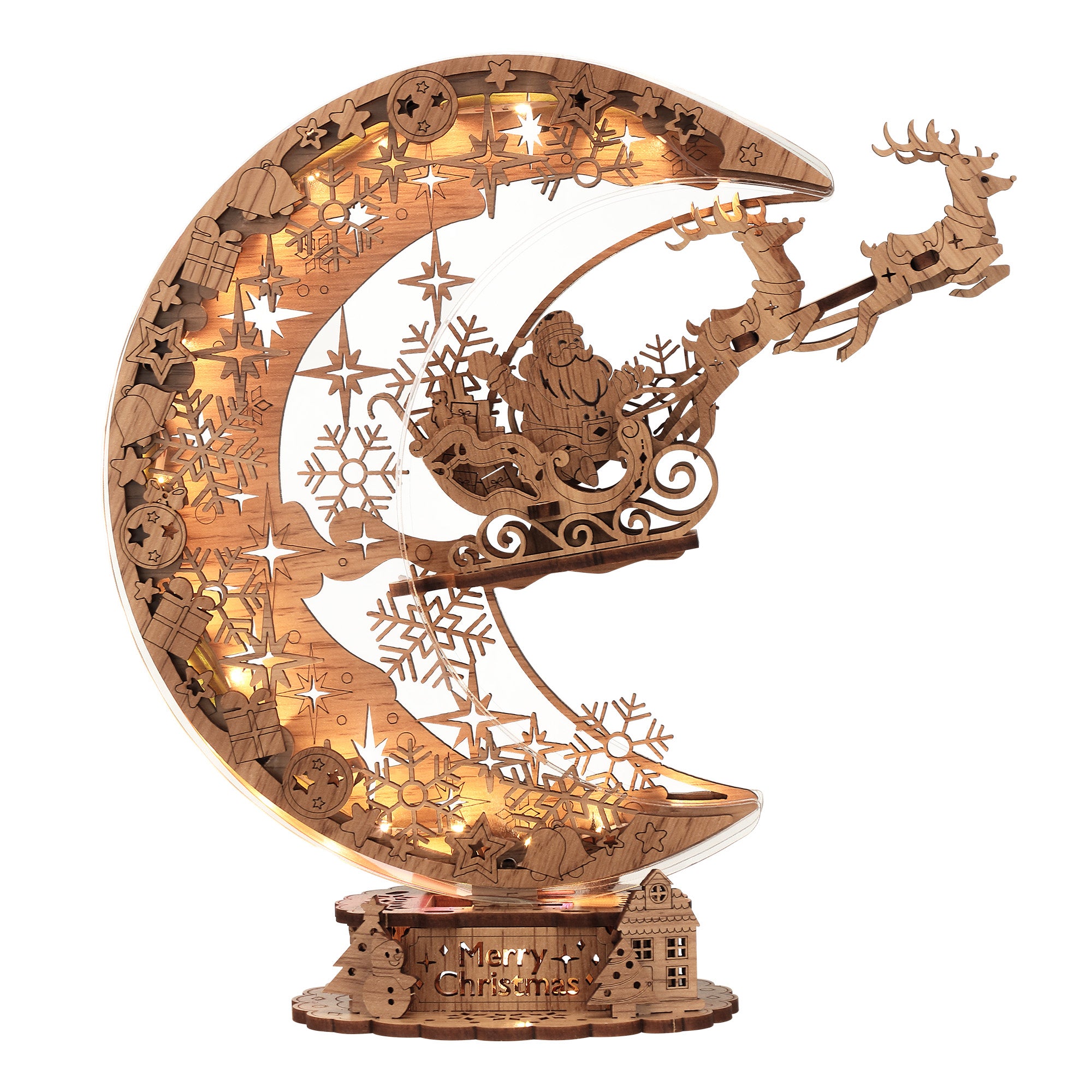 FUNPOLA 3D Wooden Puzzle Christmas Night Flight Moon Lamp - Brown