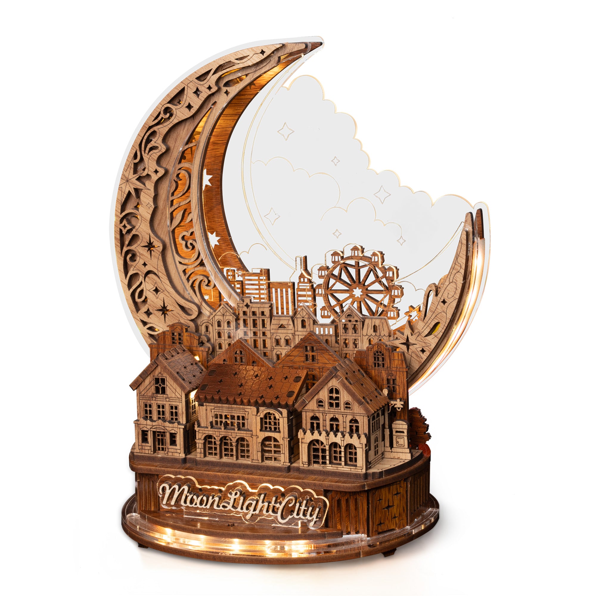 FUNPOLA 3D Wooden Puzzle Moon City Model with LEDs - Brown