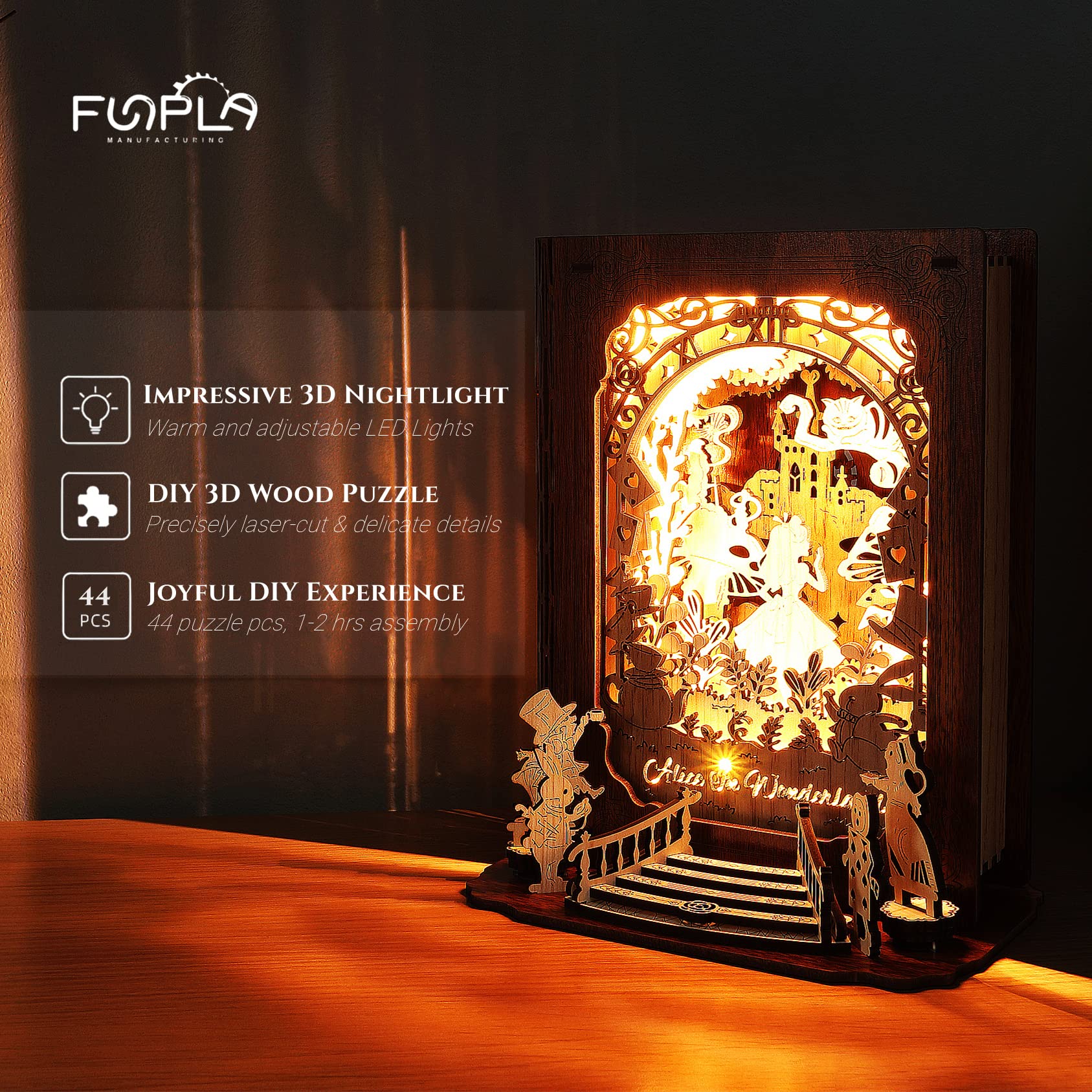Alice in Wonderland Storybook Lamp | FUNPOLA Alice in Wonderland 3D Puzzle Nightlight – DIY 3D LED Book Lamp – 3D Wood Puzzles Décor Lamp for Adults