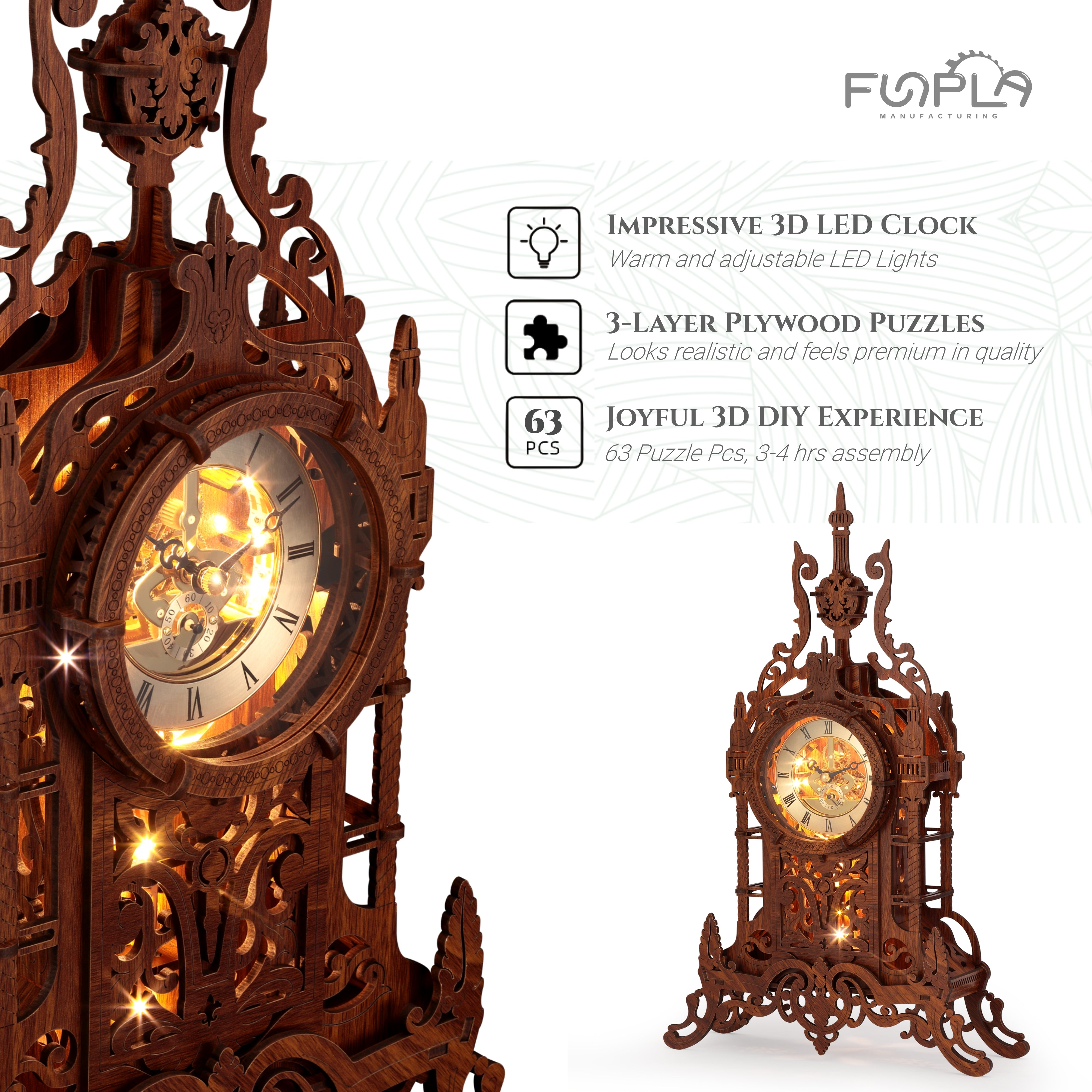 FUNPOLA 3D Wooden Puzzle Clock Tower with LEDs