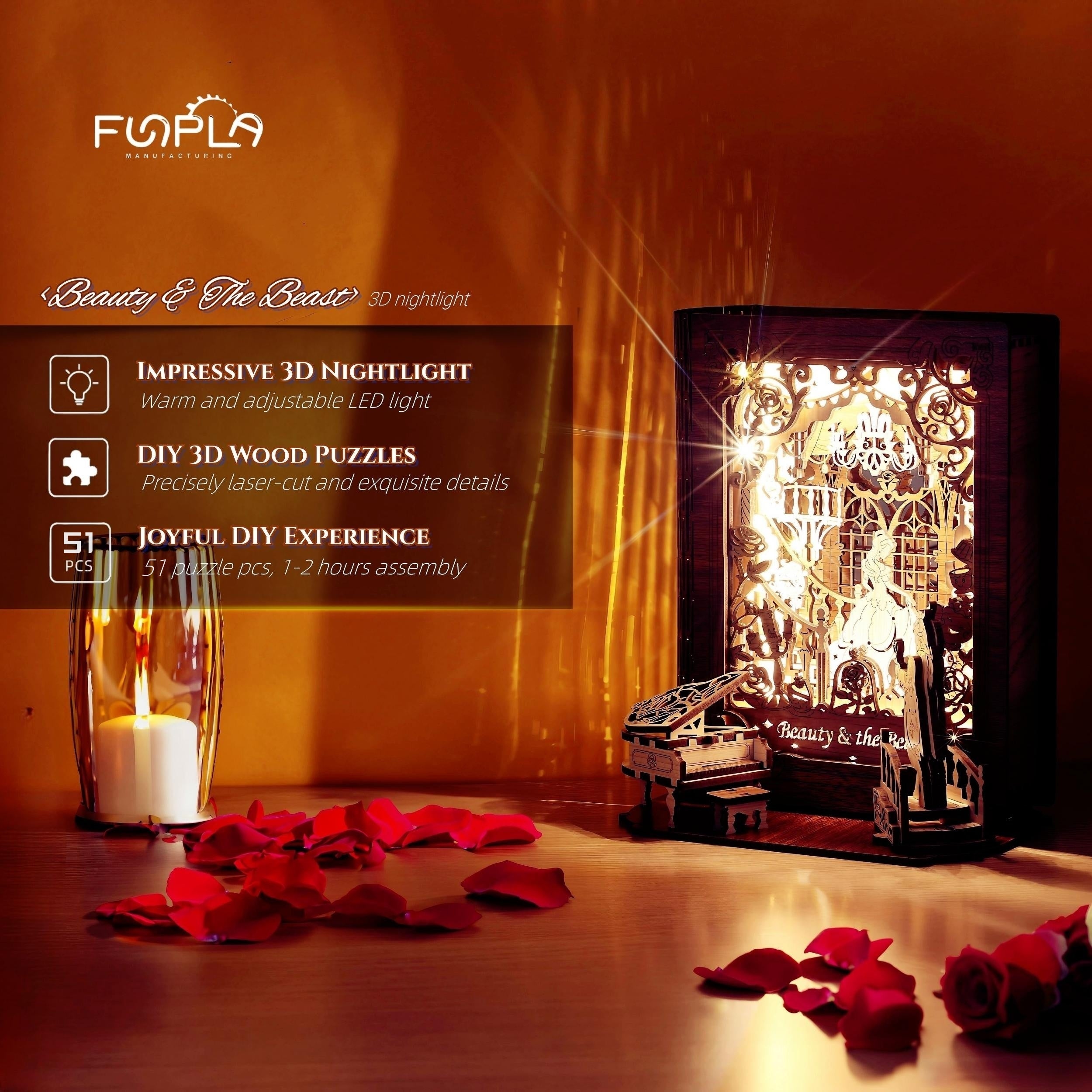 FUNPOLA 3D Wooden Puzzle Beauty and The Beast Book Lamp