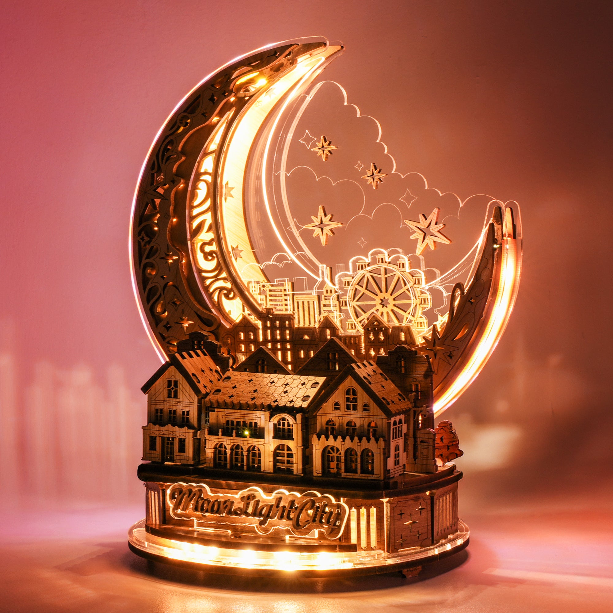 FUNPOLA 3D Wooden Puzzle Moon City Model with LEDs - White