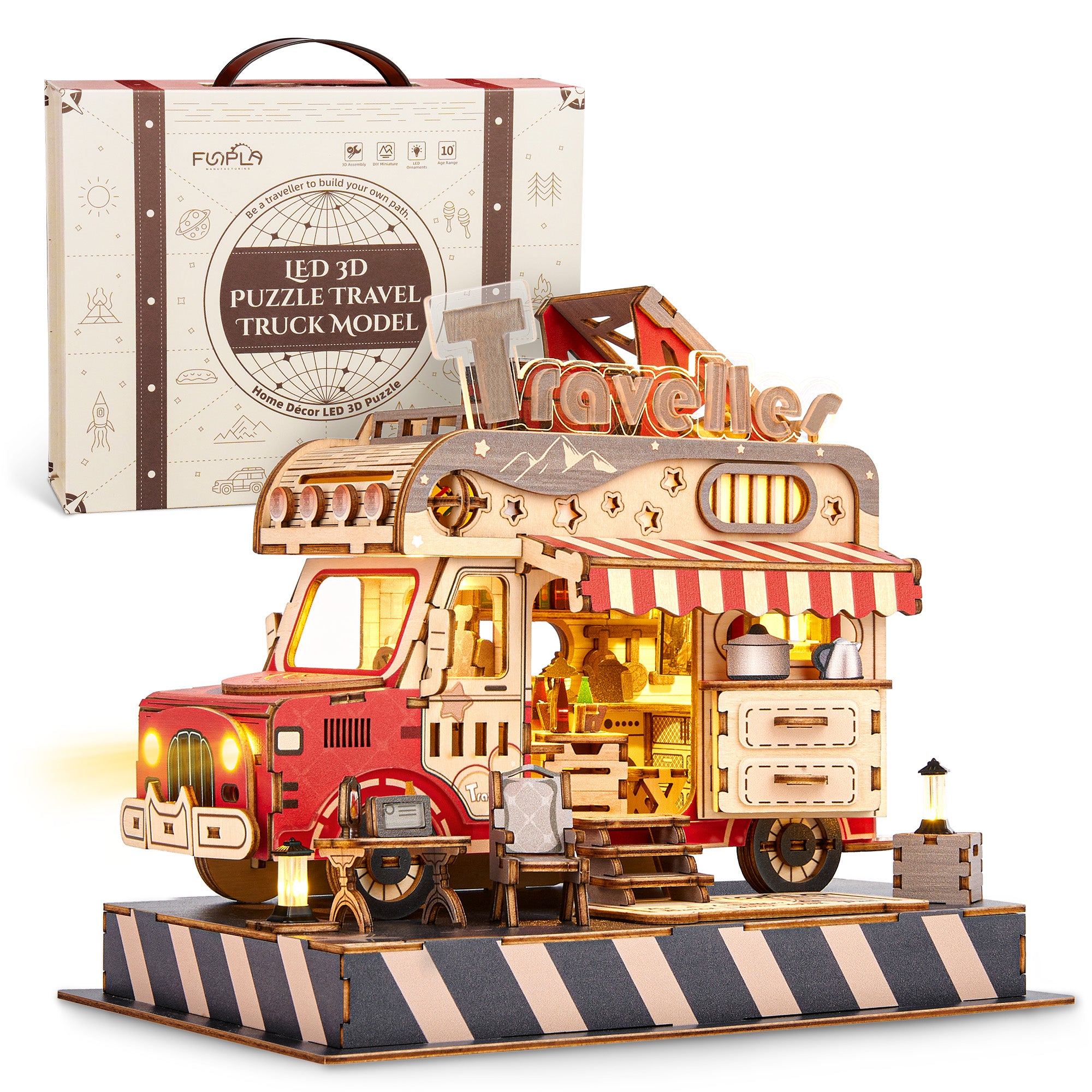FUNPOLA 3D Wooden Puzzle Travel Truck Model with LEDs