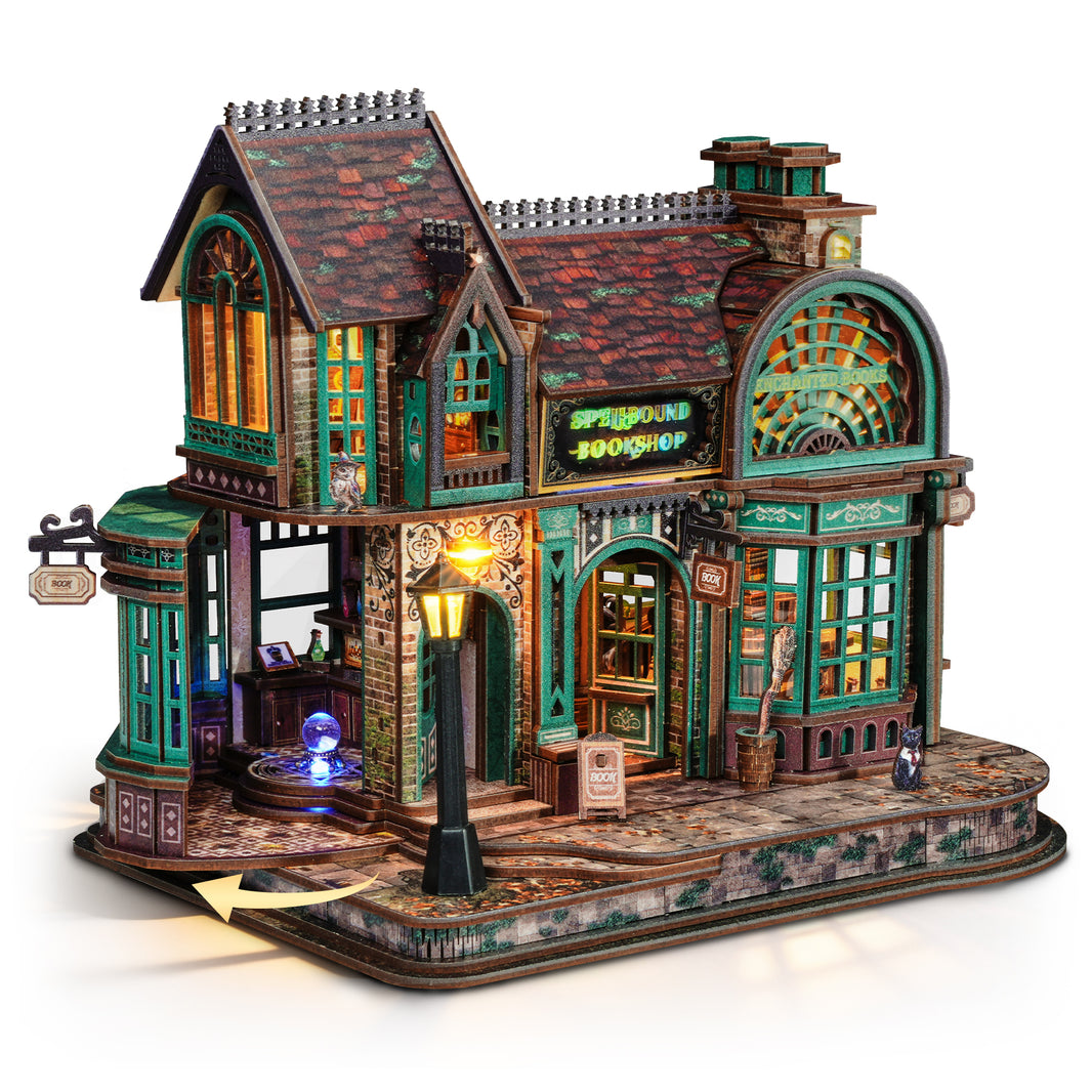 Spellbound Bookshop Model | FUNPOLA Bookstore with LED Lights - DIY Miniature Kit, Spellbound Bookshop, Home Décor Display, Creative Gift for Adults