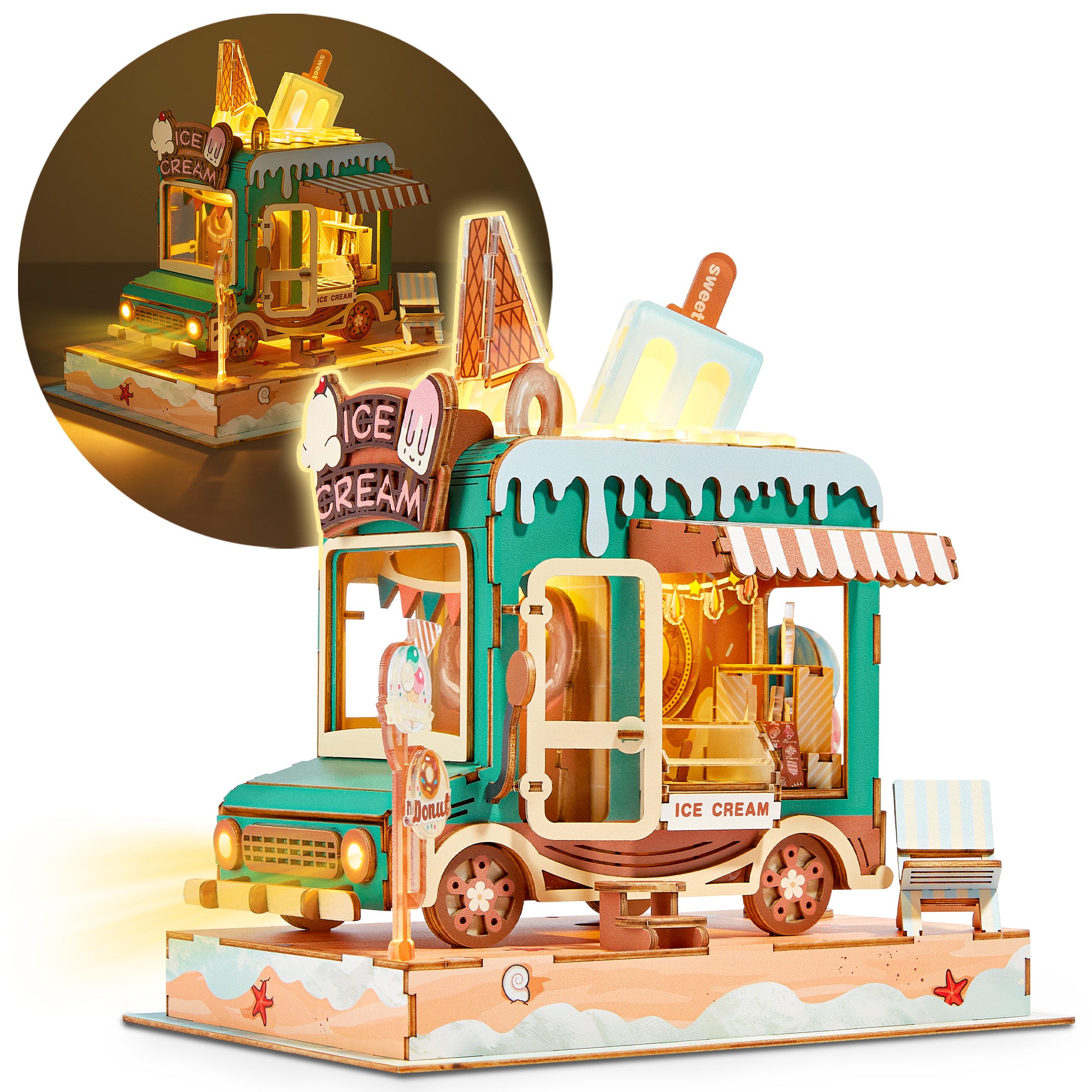 FUNPOLA 3D Wooden Puzzle Ice Cream Truck Model with LEDs