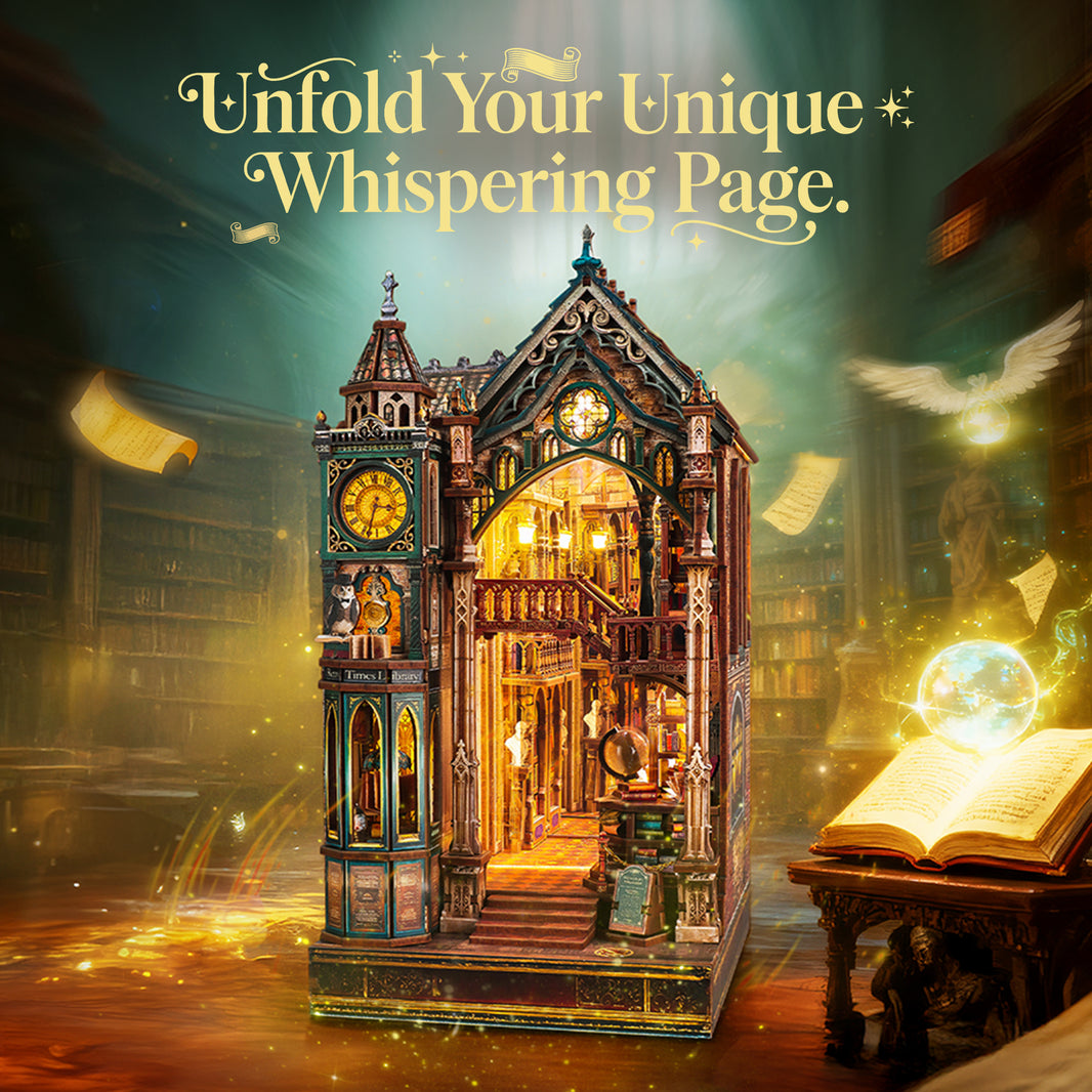 Whispering Page | FUNPOLA Magic Library Book Nook Kit – LED 3D Wood Puzzle with Infinity Mirror – DIY Bookshelf Decor, Miniature Craft Gift for Adults