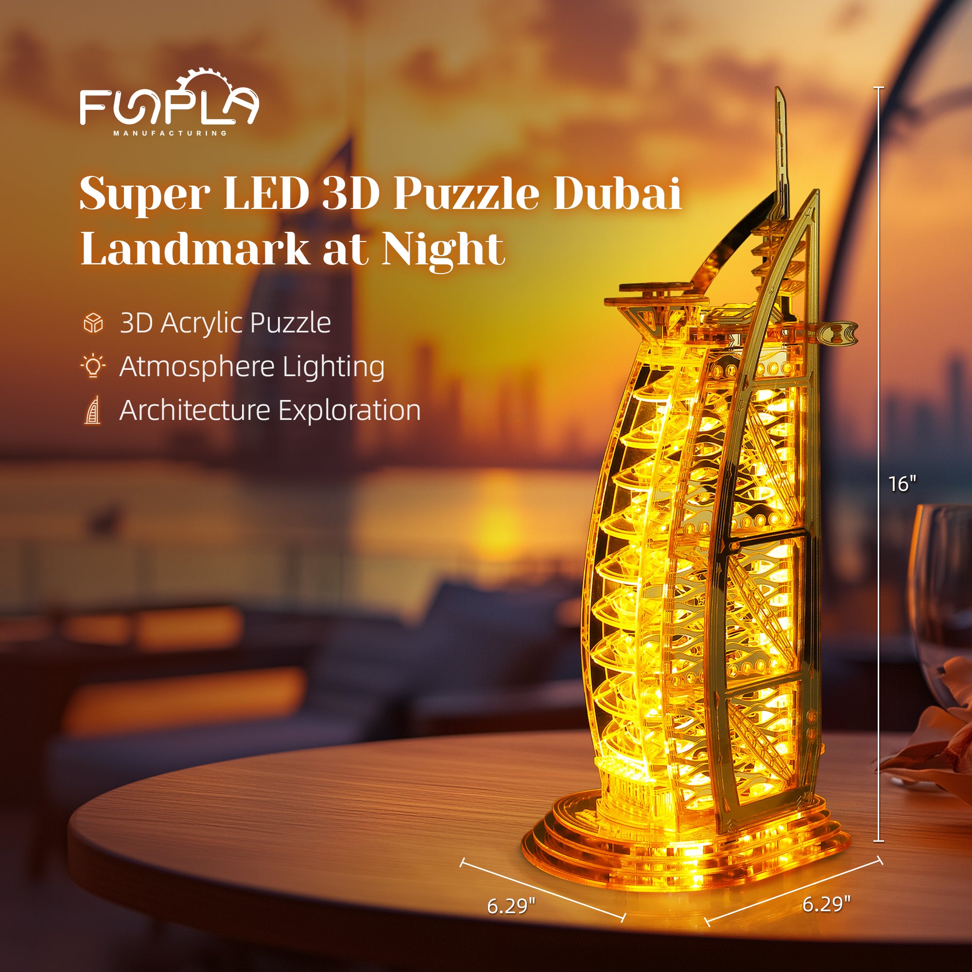 FUNPOLA 3D Wooden Puzzle Burj Al Arab Hotel with LEDs – Gold