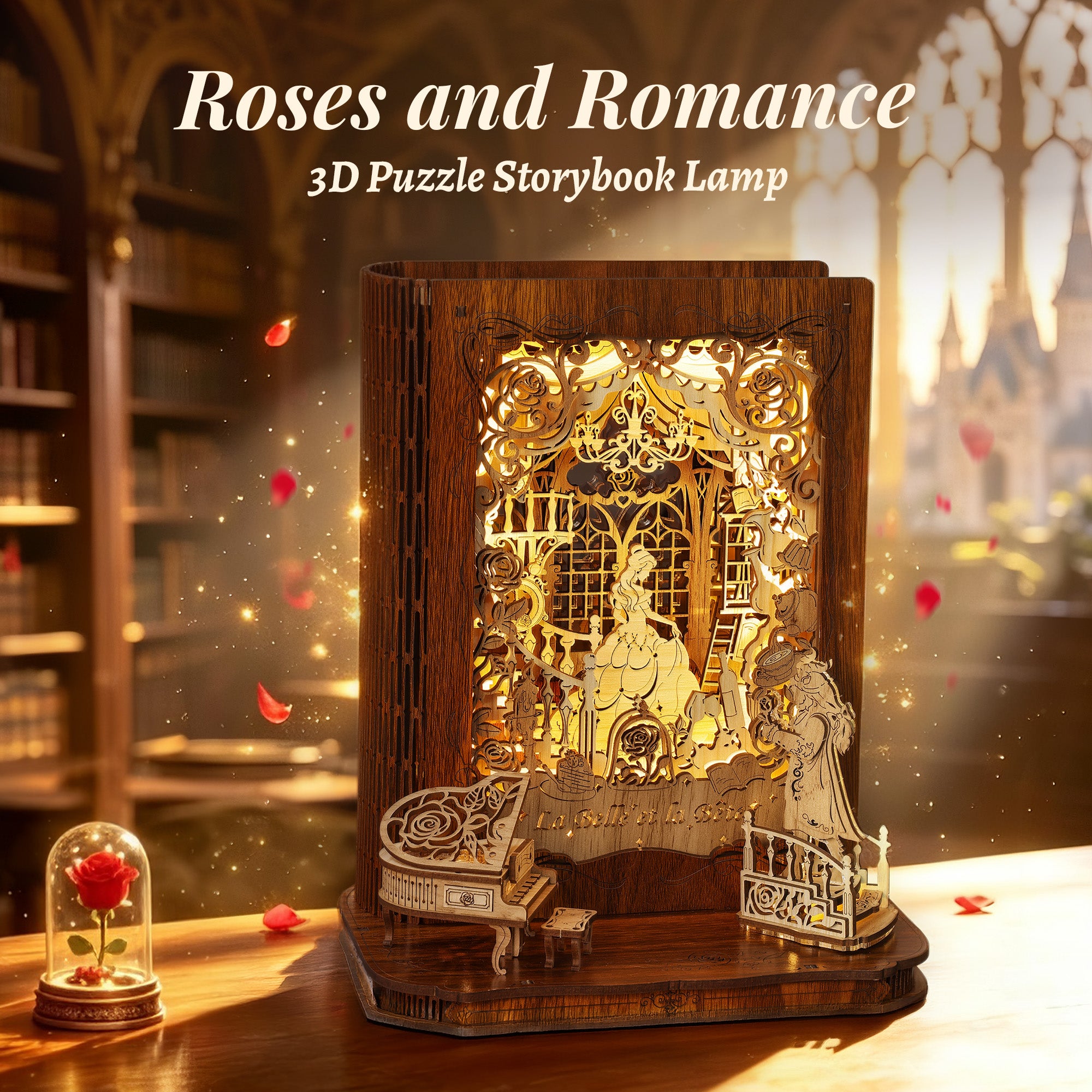FUNPOLA La Belle et la Bête LED 3D Puzzle Nightlight, DIY Storybook Lamp, D Wooden Puzzle Gifts, Home Decor for Adults