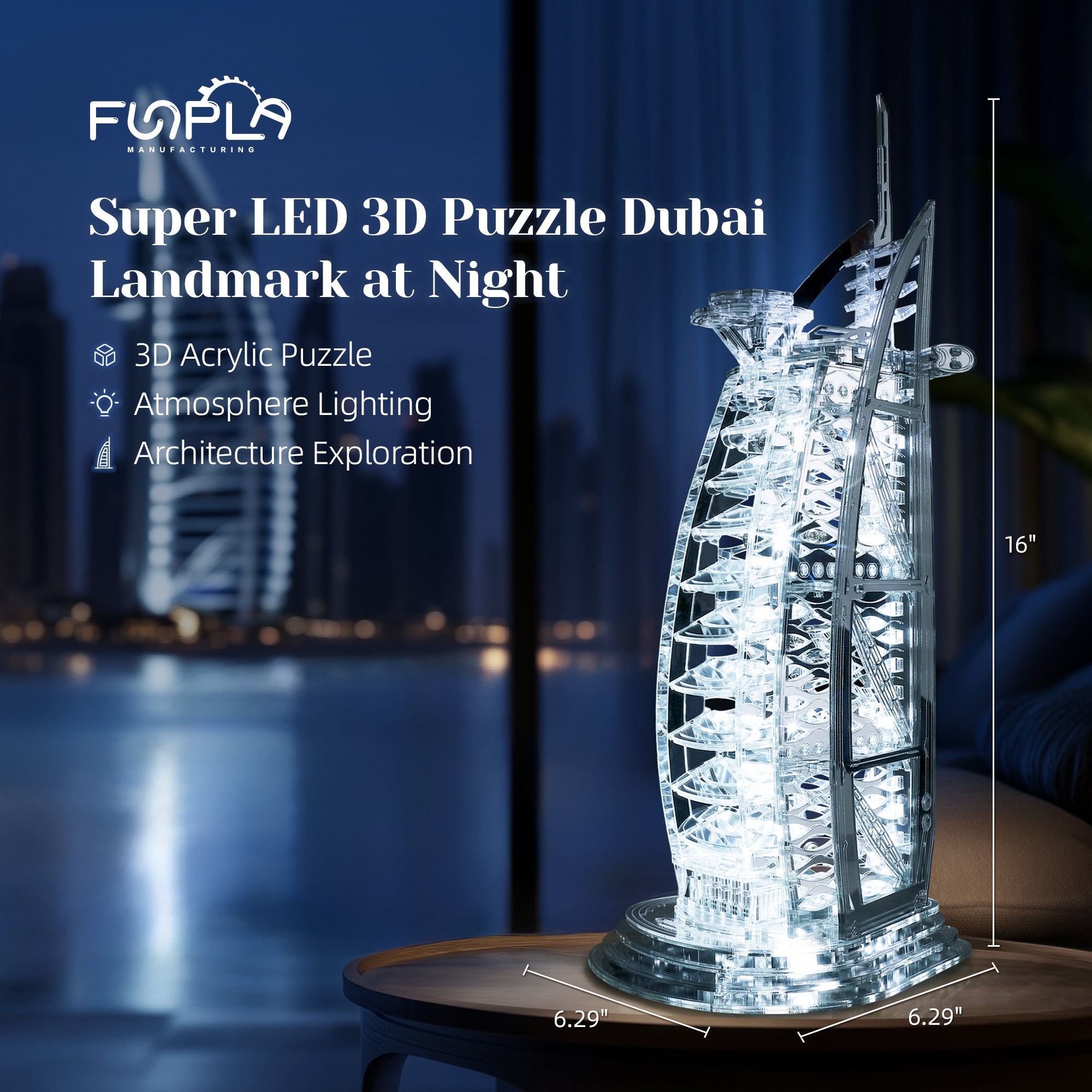 FUNPOLA 3D Wooden Puzzle Burj Al Arab Hotel with LEDs – Sliver