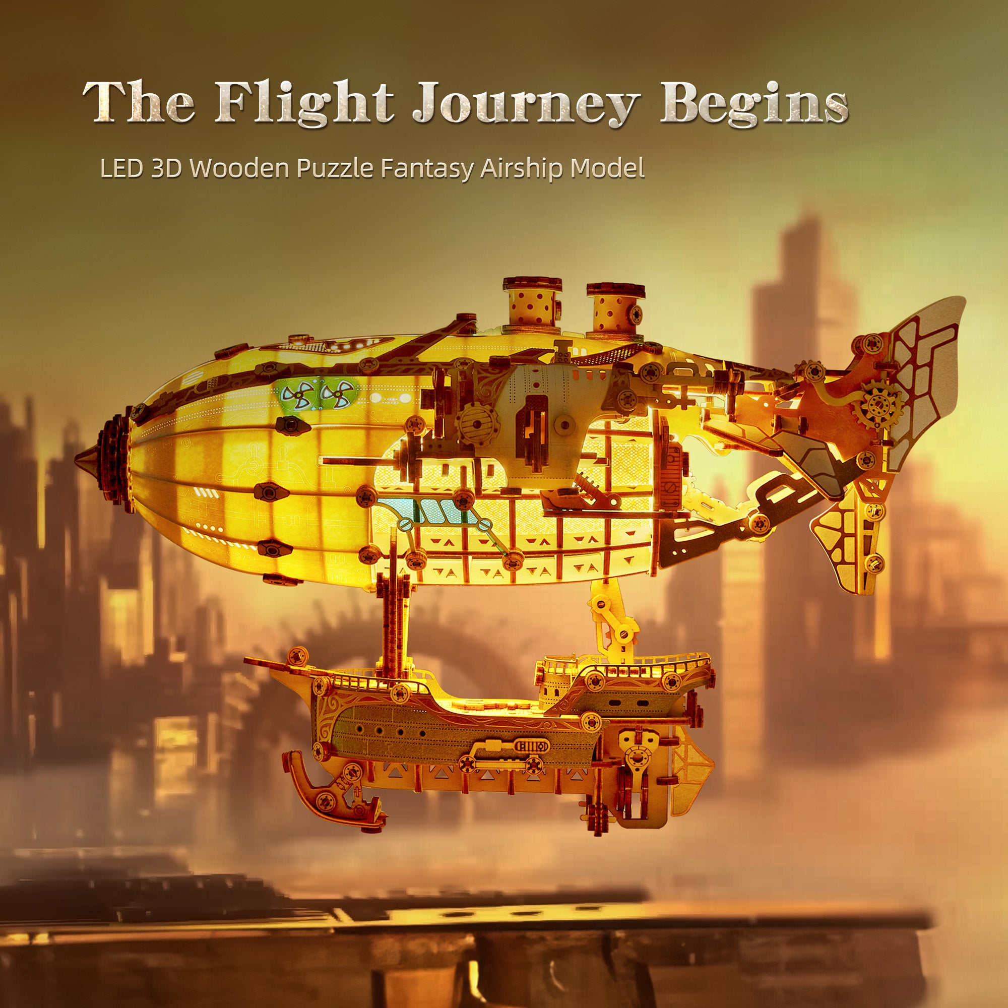 FUNPOLA LED 3D Wood Puzzle Fantasy Airship Model - Steampunk DIY Craft Kit with LED Lights – Intricate Wooden Airship Model Building Set for Teens and Adults(White)