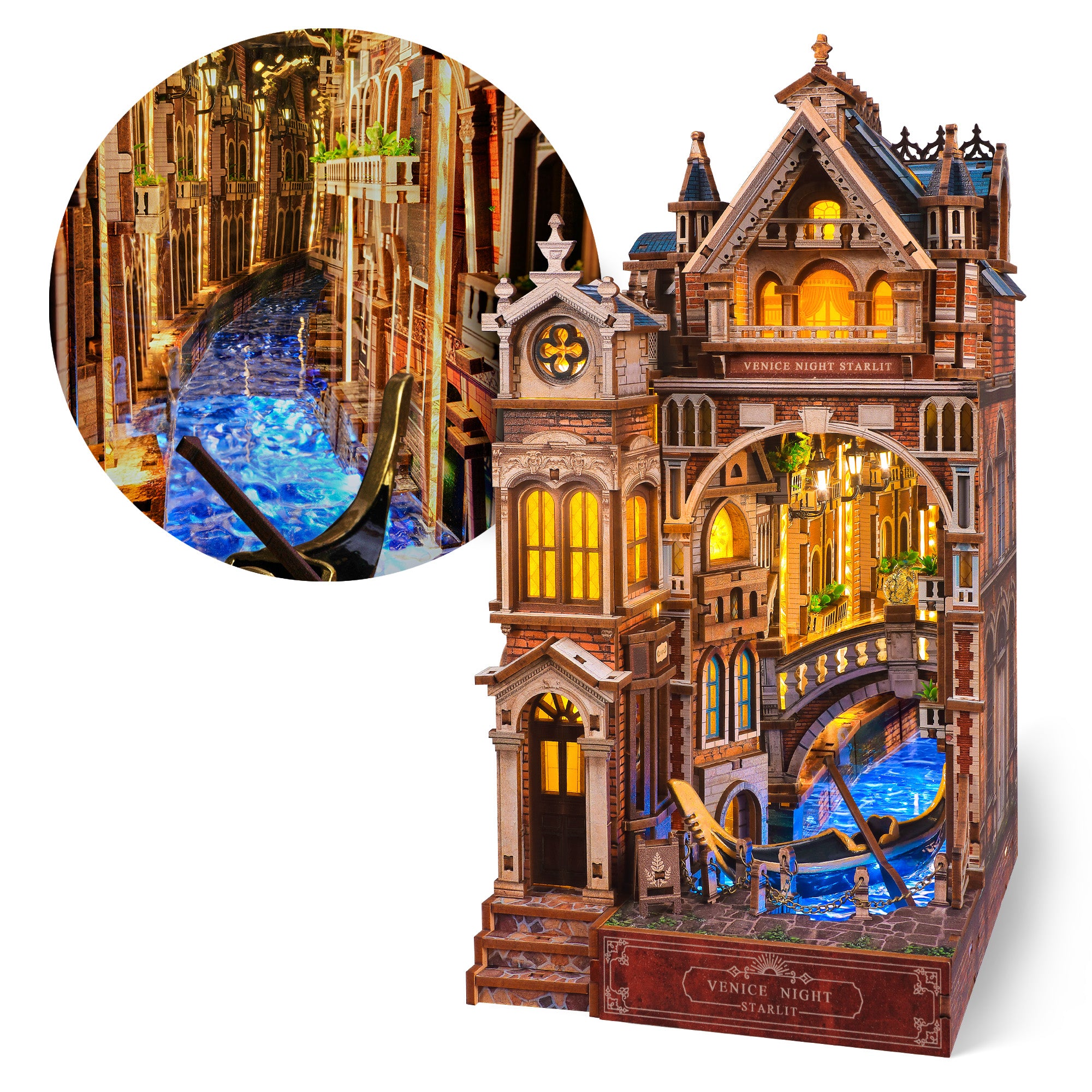 FUNPOLA 3D Wooden Puzzle Venice Night Starlit Book Nook Kit with Infinity Mirror & LEDs
