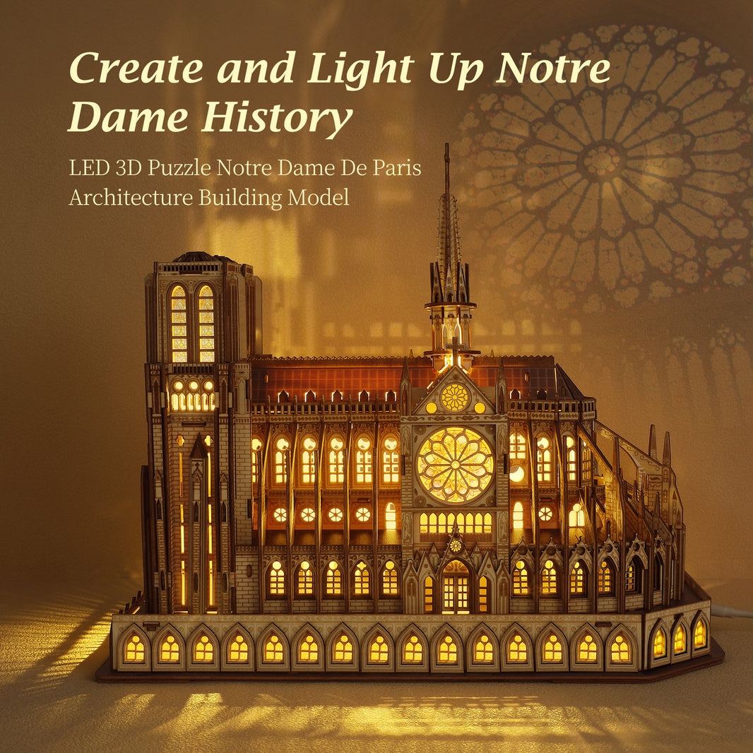 Notre Dame de Paris Model | FUNPOLA 3D Wooden Puzzle Notre Dame de Paris Architecture Model with LEDs