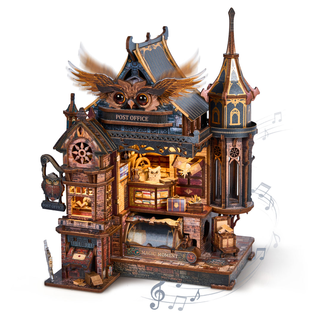 Owl Post Office Model | FUNPOLA LED 3D Wood Puzzle Owl Post Office, Dynamic Model with Mechanical Gears, DIY Miniature Kit with Music and LED Lights, Home Décor Gift for Adults and Teens
