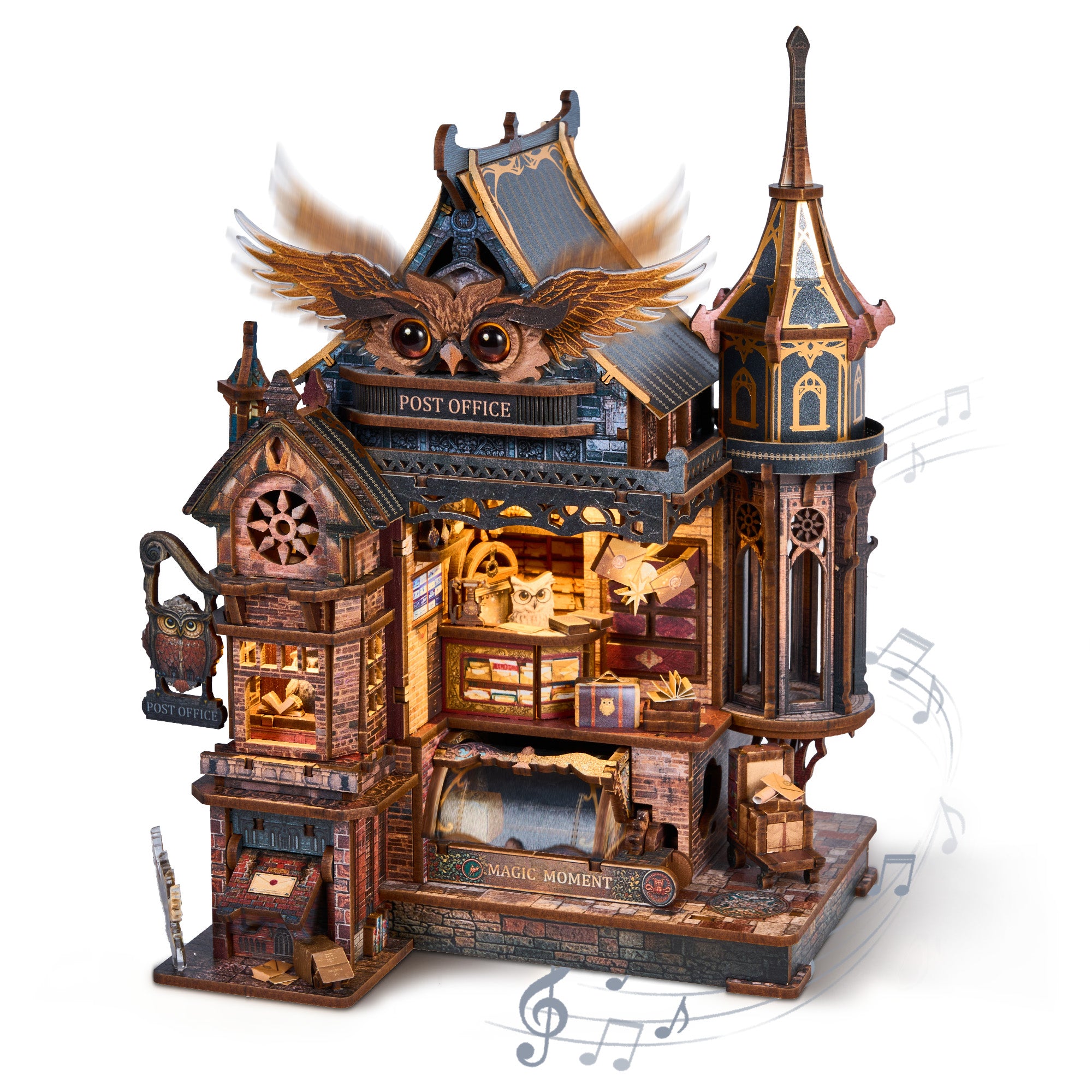 FUNPOLA LED 3D Wood Puzzle Owl Post Office, Dynamic Model with Mechanical Gears, DIY Miniature Kit with Music and LED Lights, Home Décor Gift for Adults and Teens