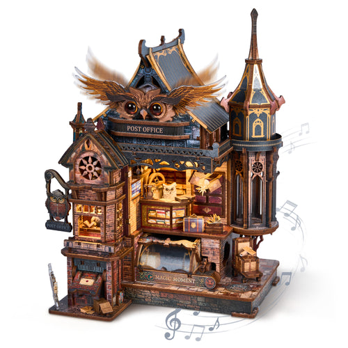 Owl Post Office Model | FUNPOLA LED 3D Wood Puzzle Owl Post Office, Dynamic Model with Mechanical Gears, DIY Miniature Kit with Music and LED Lights, Home Décor Gift for Adults and Teens