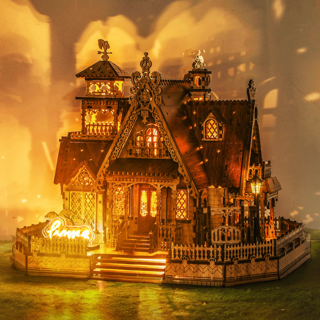 Countryside Cottage Model  | FUNPOLA 3D Wood Puzzle Countryside Cottage Model - DIY Miniature Building Kit with Spark LED Lights - Craft Rural Architecture Home Décor Gift for Adults