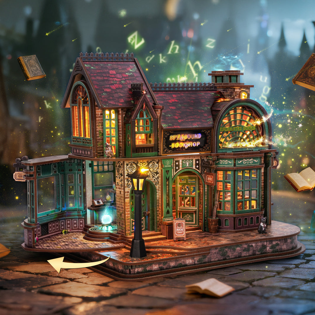 Spellbound Bookshop Model | FUNPOLA Bookstore with LED Lights - DIY Miniature Kit, Spellbound Bookshop, Home Décor Display, Creative Gift for Adults