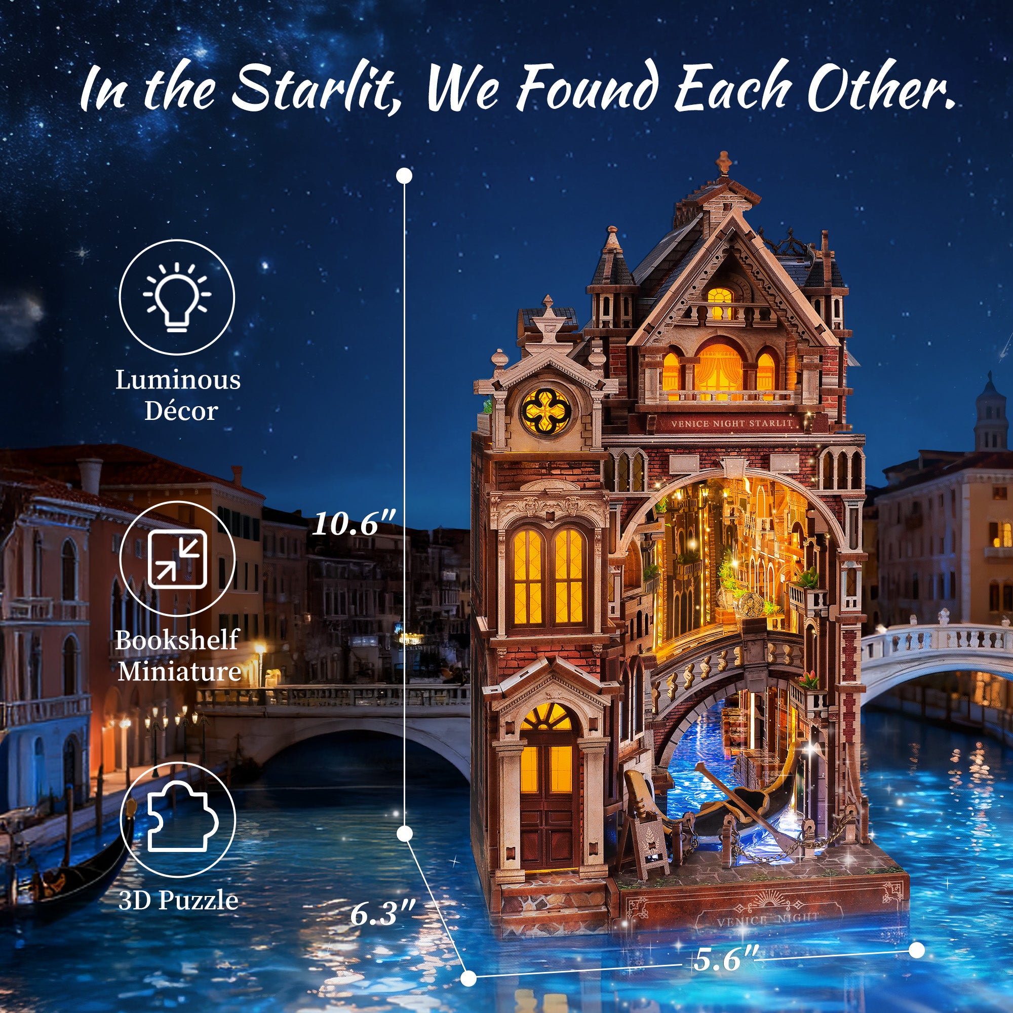 FUNPOLA 3D Wooden Puzzle Venice Night Starlit Book Nook Kit with Infinity Mirror & LEDs