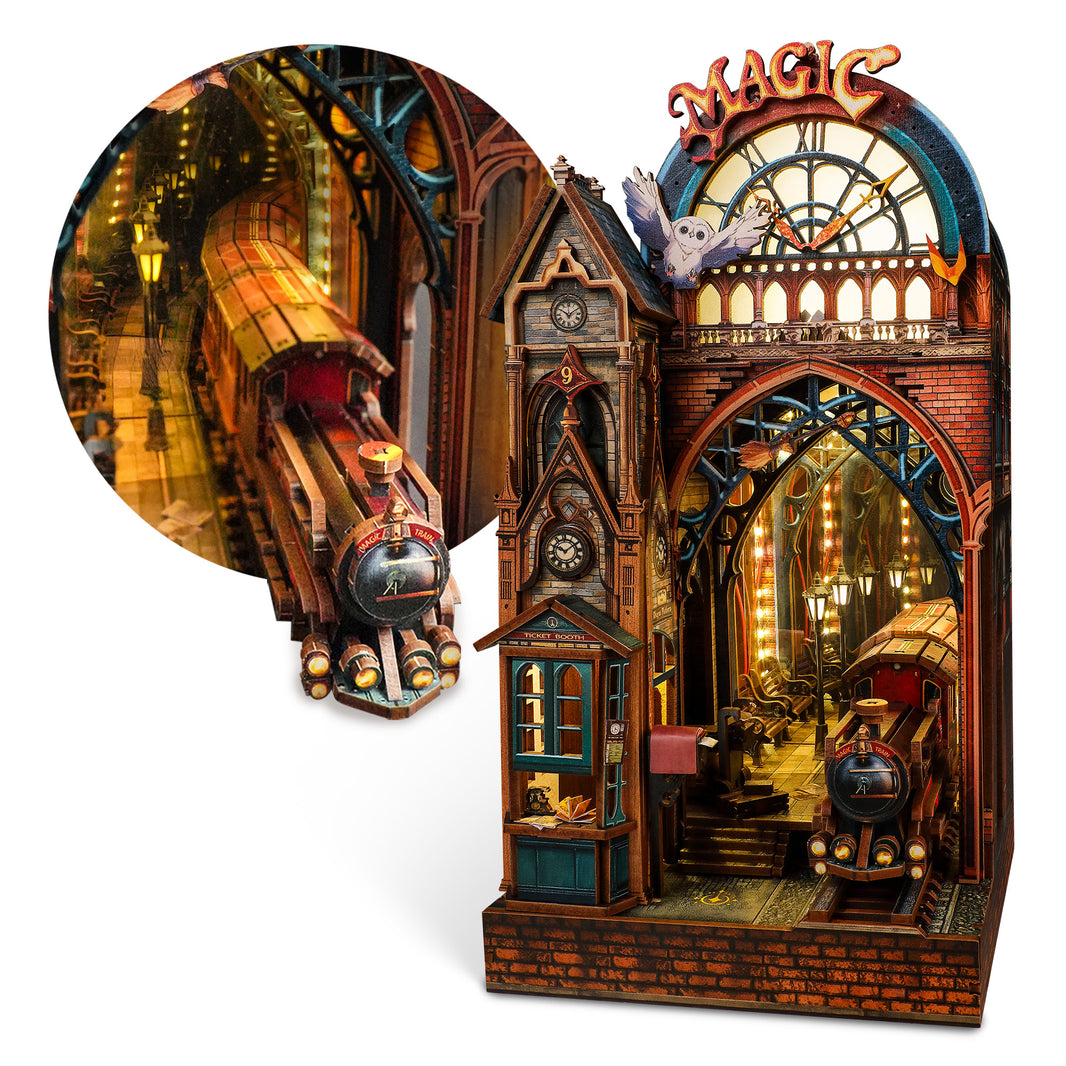 Magic Station | FUNPOLA LED 3D Puzzle Magic Station Book Nook Kit - Interactive 3D Wood Puzzle LED Magical Miniature with Infinite Extension Space - DIY Bookshelf Insert Decor Gifts