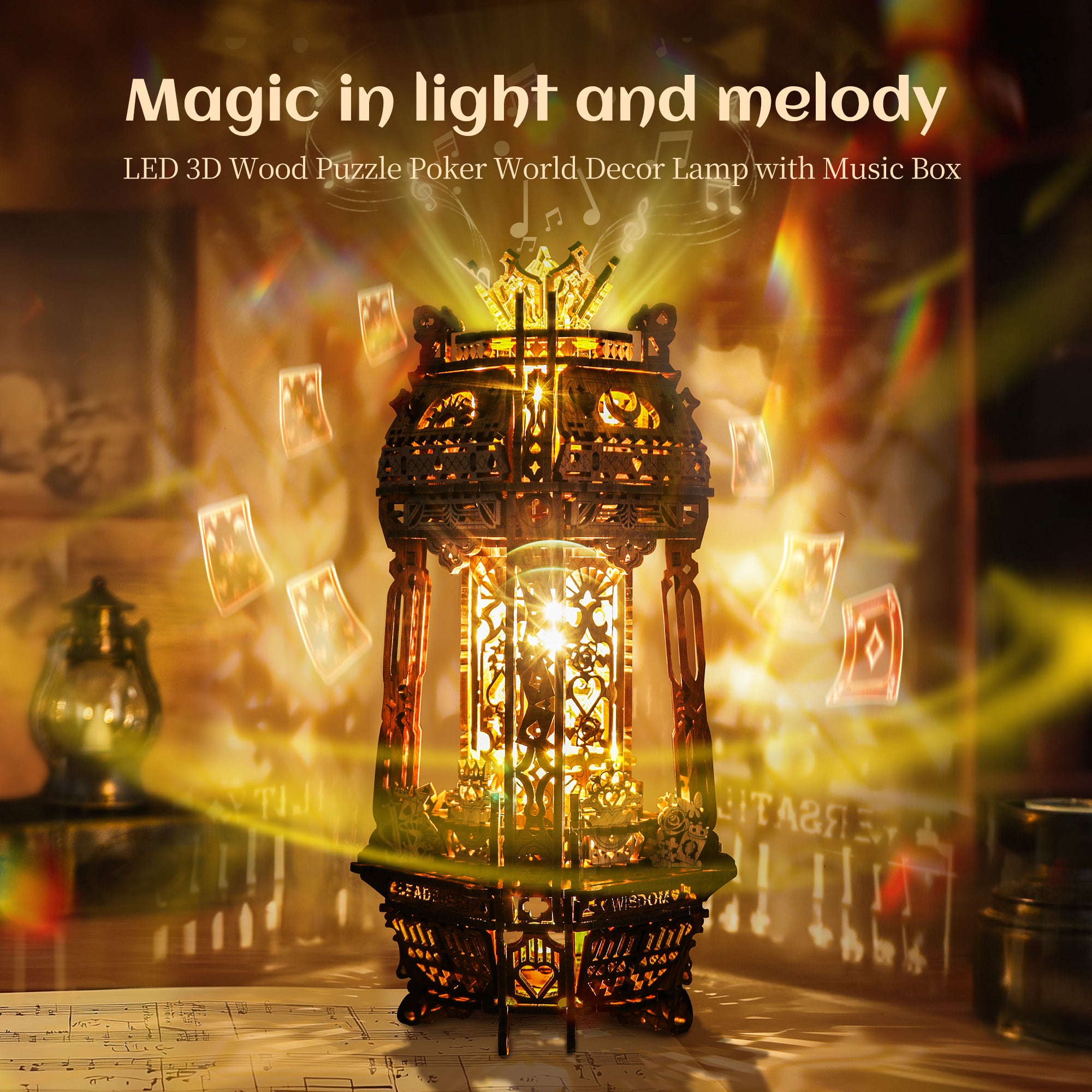 FUNPOLA 3D Wooden Puzzle Poker World Projector Lamp with Music Box - Black Walnut