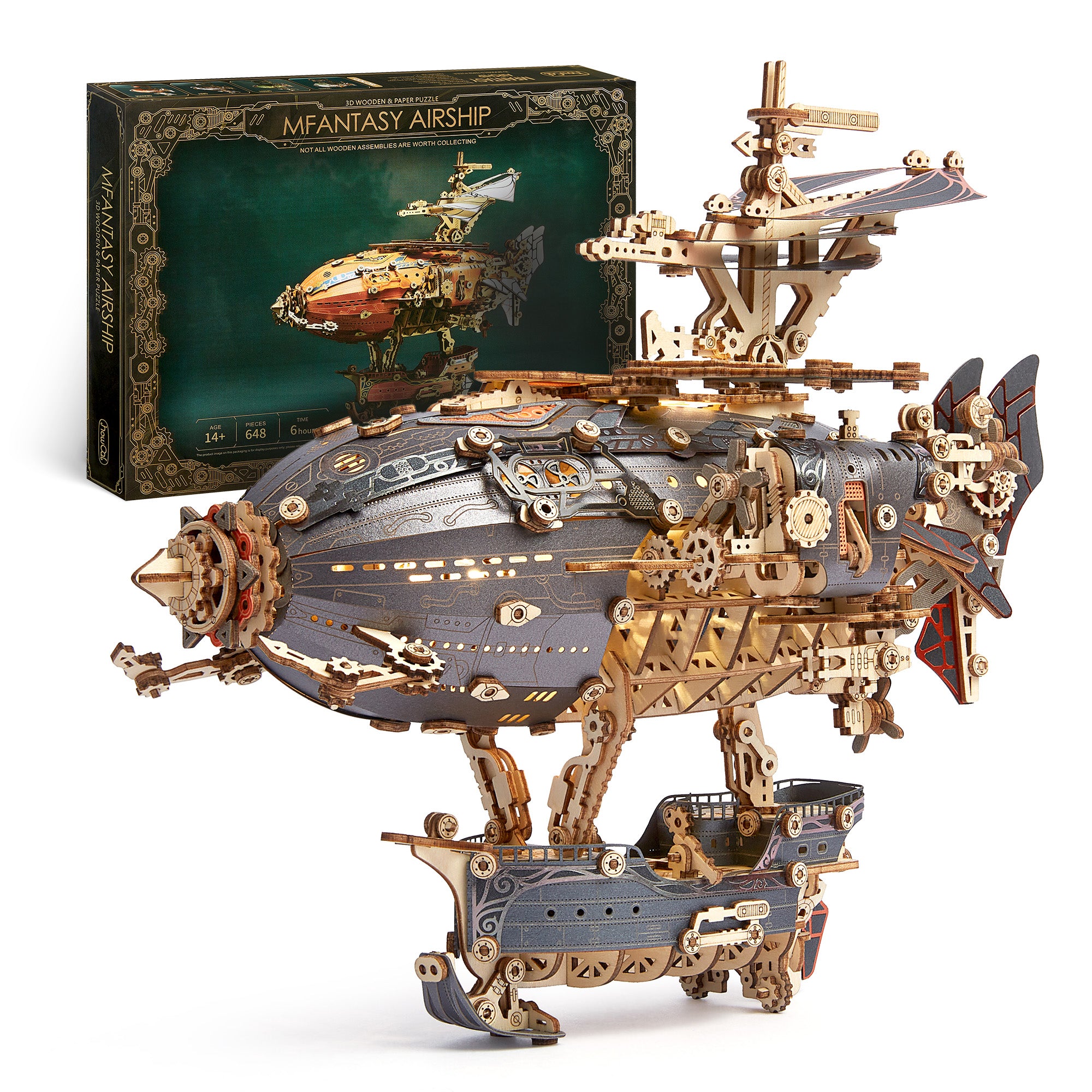 FUNPOLA LED 3D Wood Puzzle Fantasy Airship Model - Steampunk DIY Craft Kit with LED Lights – Intricate Wooden Airship Model Building Set for Teens and Adults(Gray)