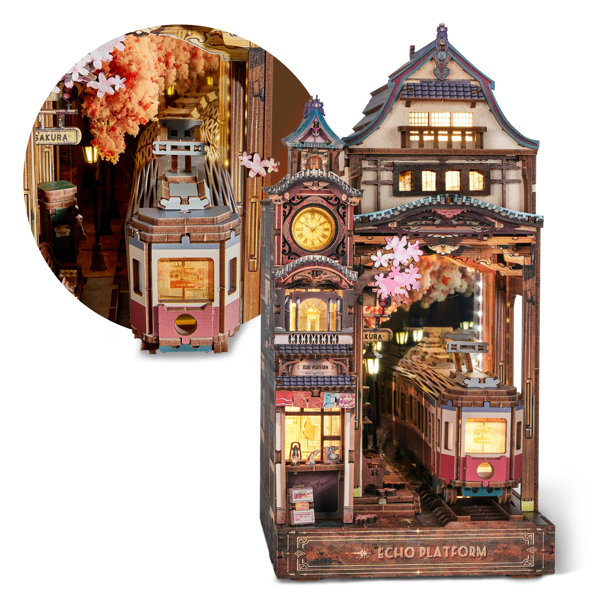 FUNPOLA 3D Wooden Puzzle Sakura Train Book Nook Kit with Infinity Mirror & LEDs