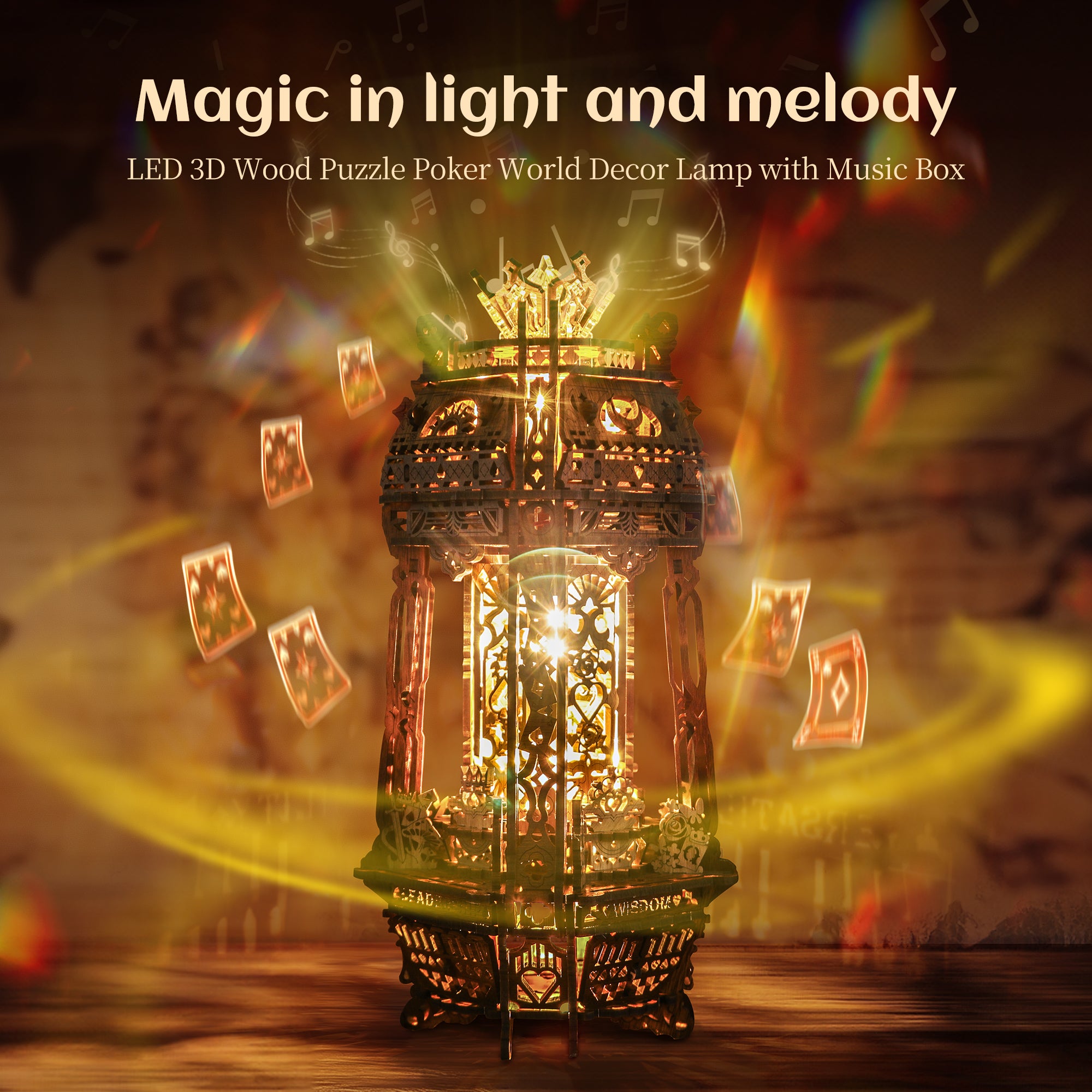 FUNPOLA 3D Wooden Puzzle Poker World Projector Lamp with Music Box - White Maple