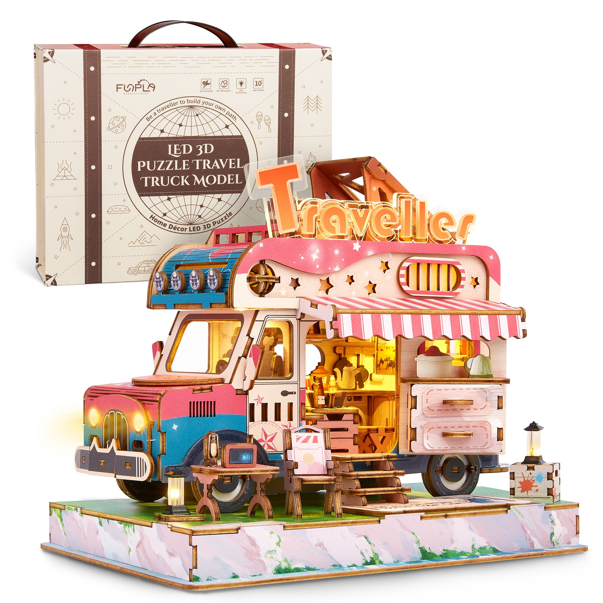FUNPOLA 3D Wooden Puzzle Travel Truck Model with LEDs – Colorful