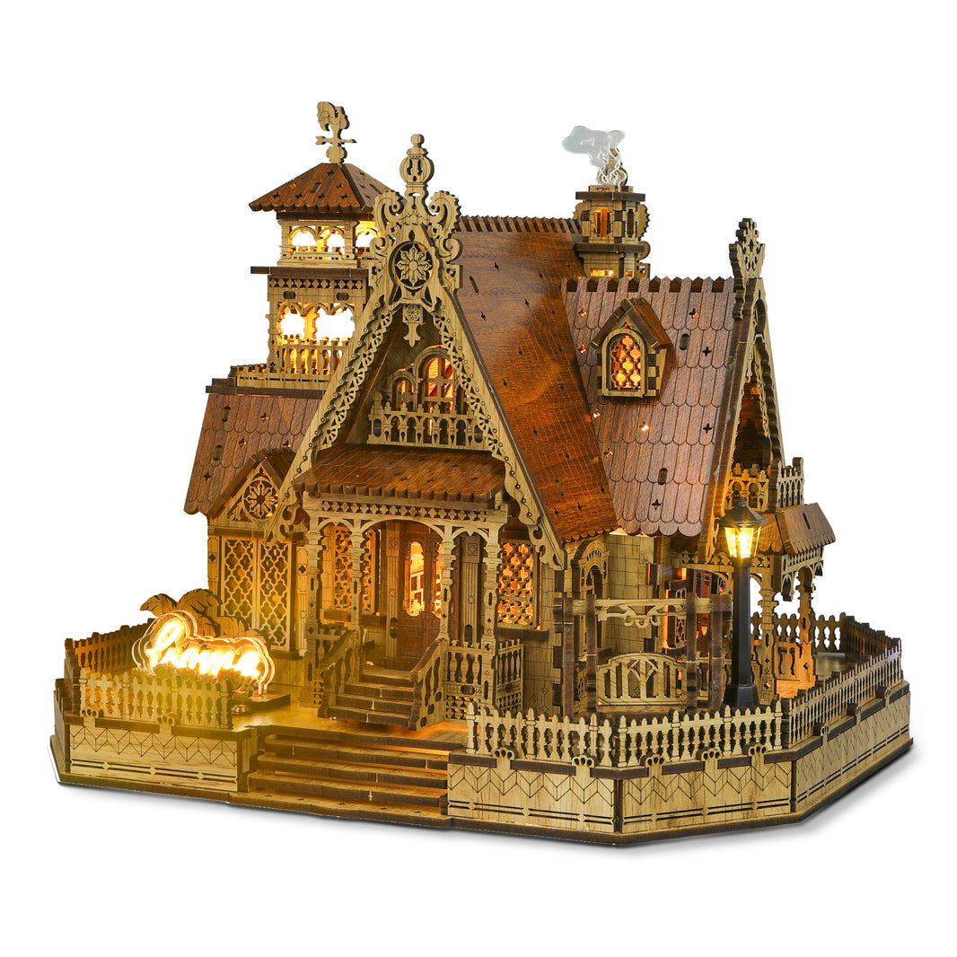 Countryside Cottage Model  | FUNPOLA 3D Wood Puzzle Countryside Cottage Model - DIY Miniature Building Kit with Spark LED Lights - Craft Rural Architecture Home Décor Gift for Adults