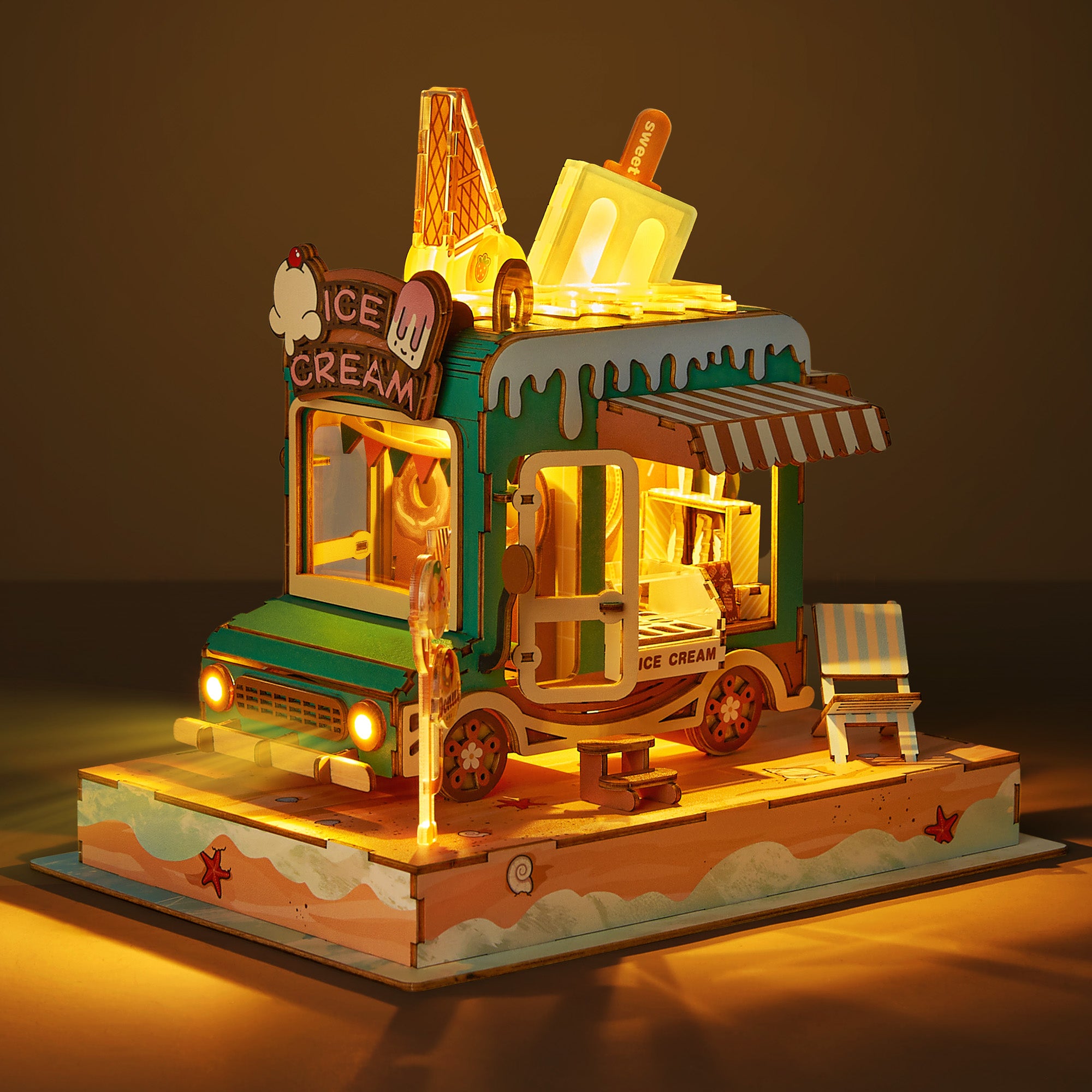 FUNPOLA 3D Wooden Puzzle Ice Cream Truck Model with LEDs