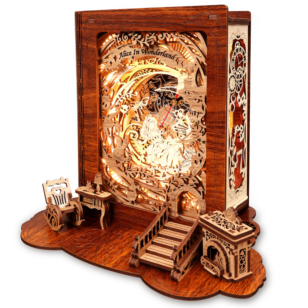 Alice in Wonderland Storybook lamp | FUNPOLA Alice in Wonderland LED 3D Puzzle Nightlight - DIY Book Lamp with Clock - 3D Wood Puzzles Nightlight Home Décor for Adults