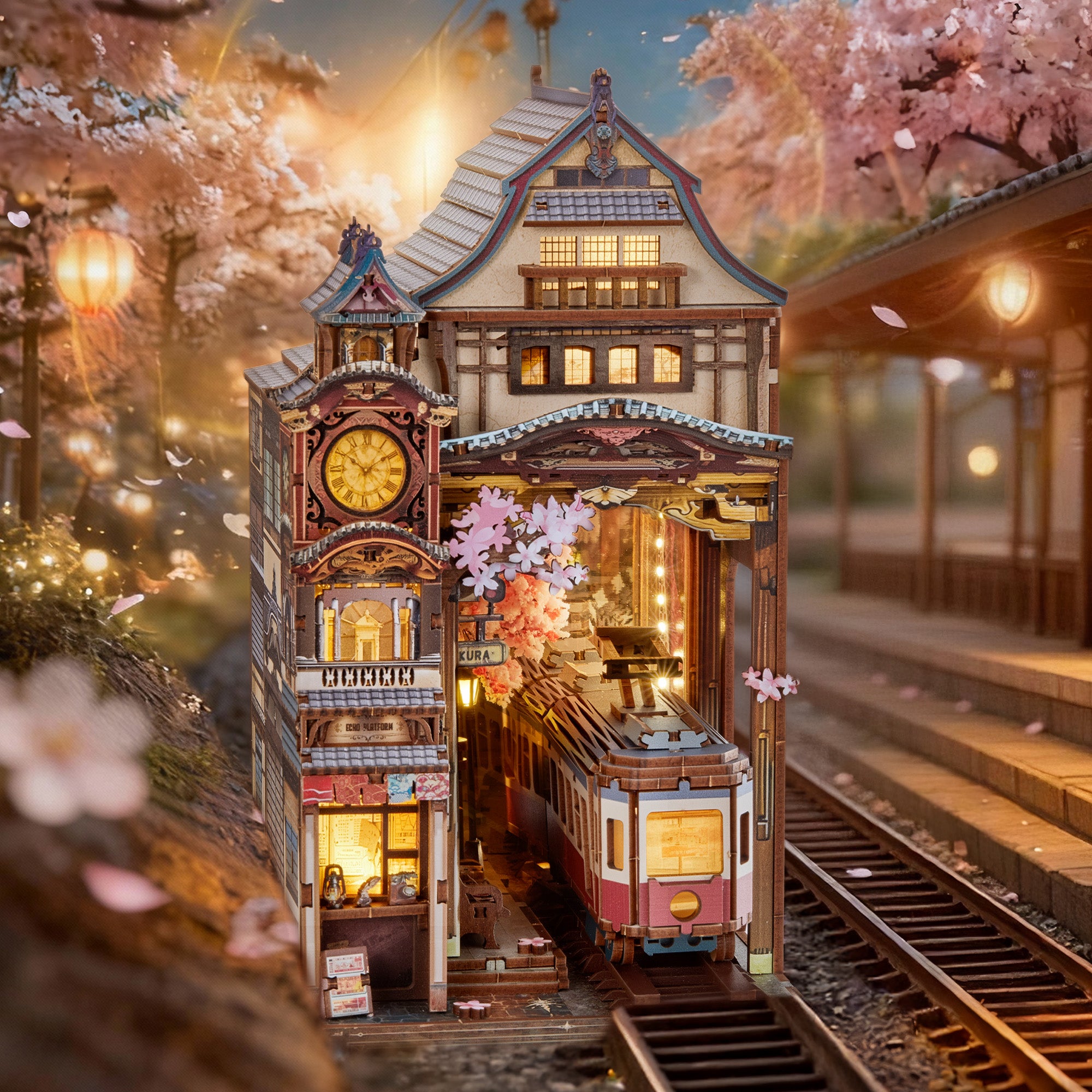 FUNPOLA 3D Wooden Puzzle Sakura Train Book Nook Kit with Infinity Mirror & LEDs