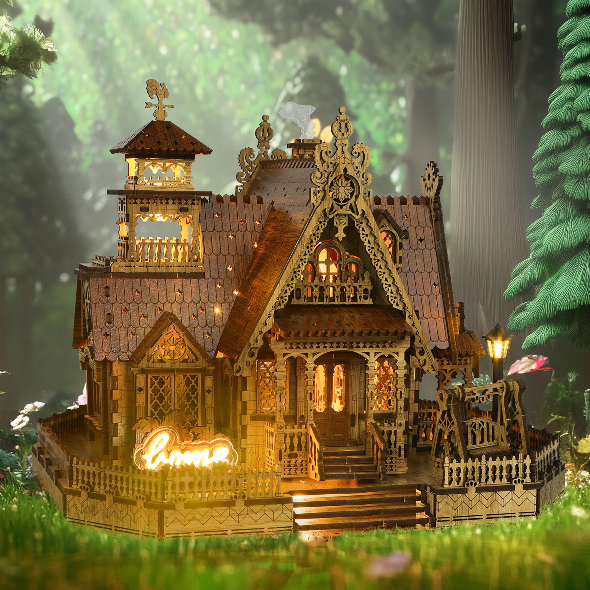 FUNPOLA 3D Wooden Puzzle Countryside Cottage Model with LEDs